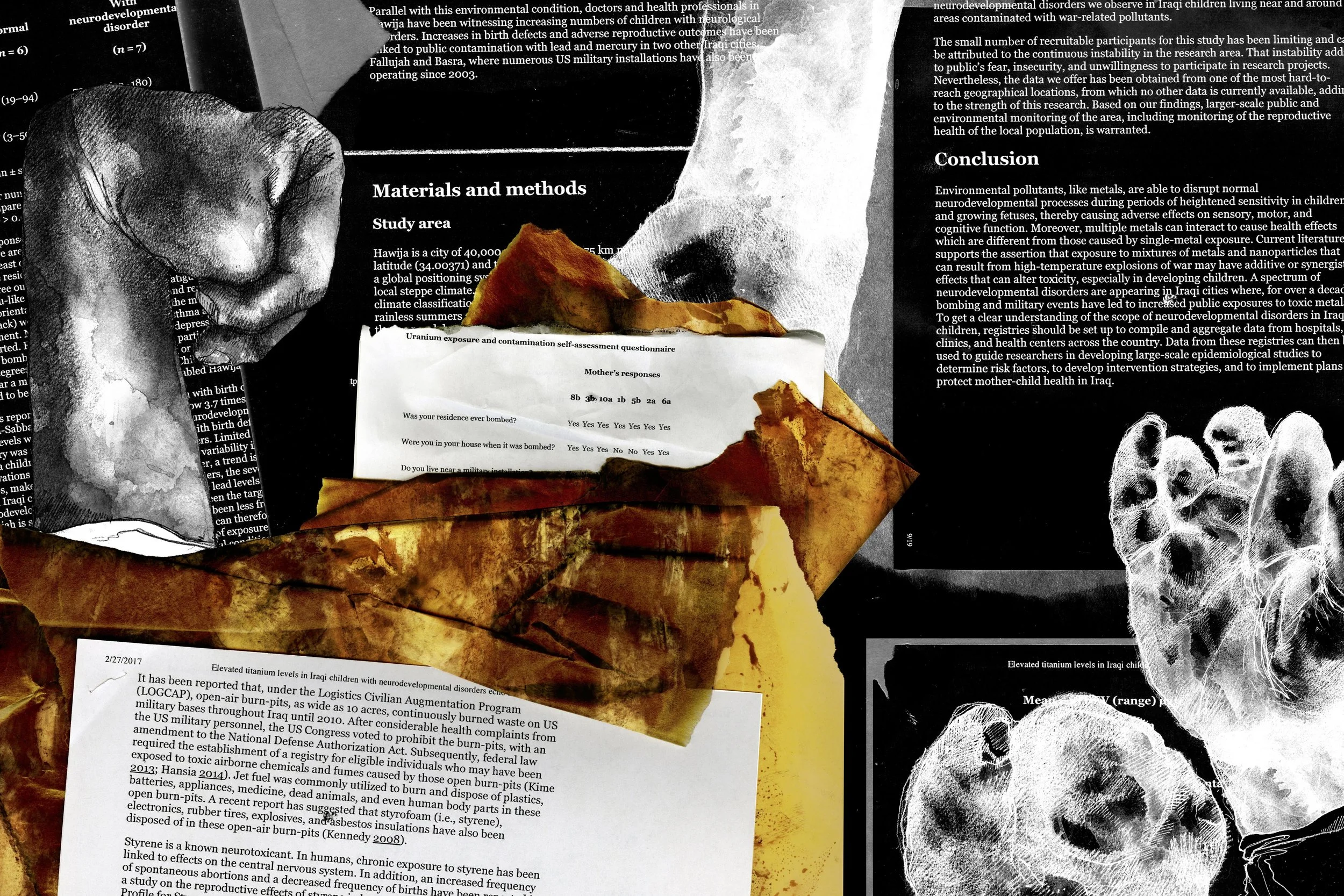 Alt Text: Full page spread. In white text on black background, as well as brown, crumpled paper, documents detail studies on increased birth defects in Iraqi warzones due to pollution from bombs and military waste. Overlaid these documents are graphi