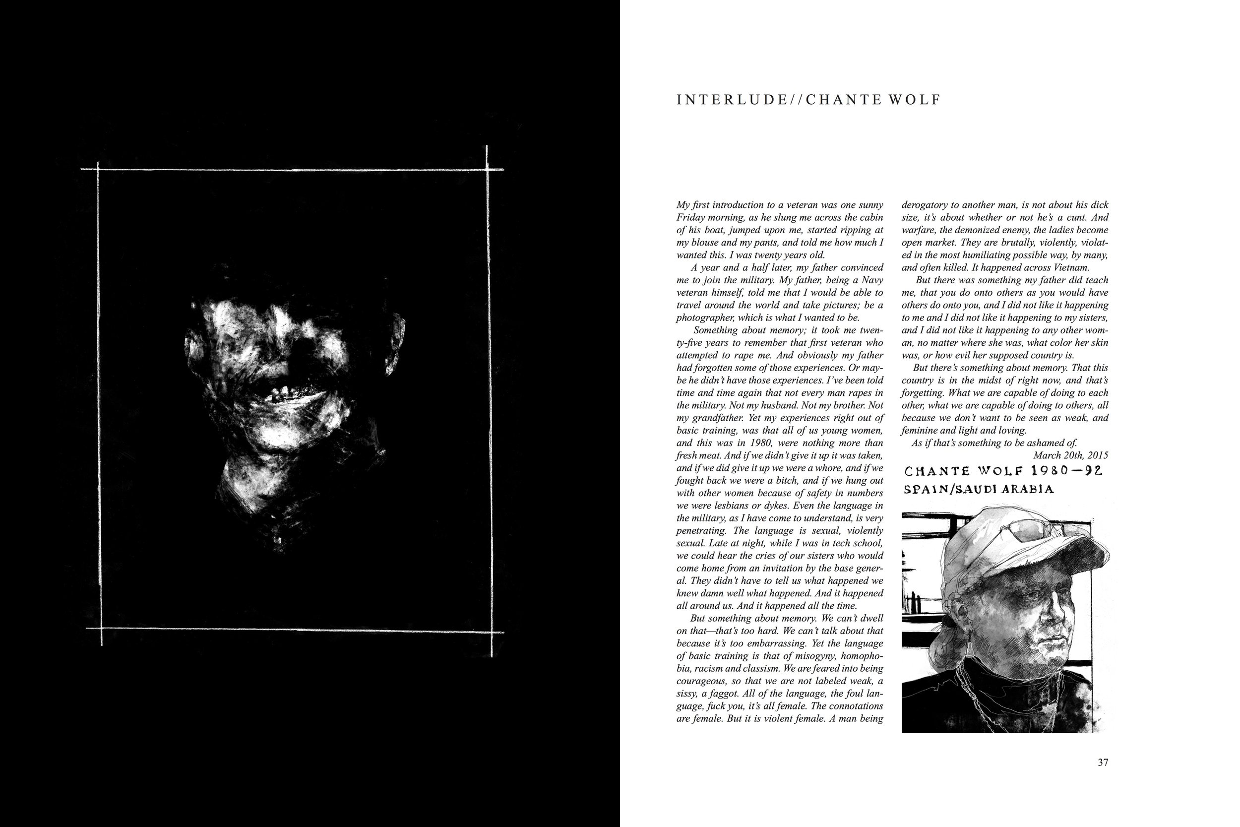 Alt Text: Left page, on black paper, a frame has been drawn in white pencil. Barely visible, is a leered smile and partial face, emerging from shadow. Right page, embedded in text is graphite and ink portrait of Chante Wolf, with her military deploym