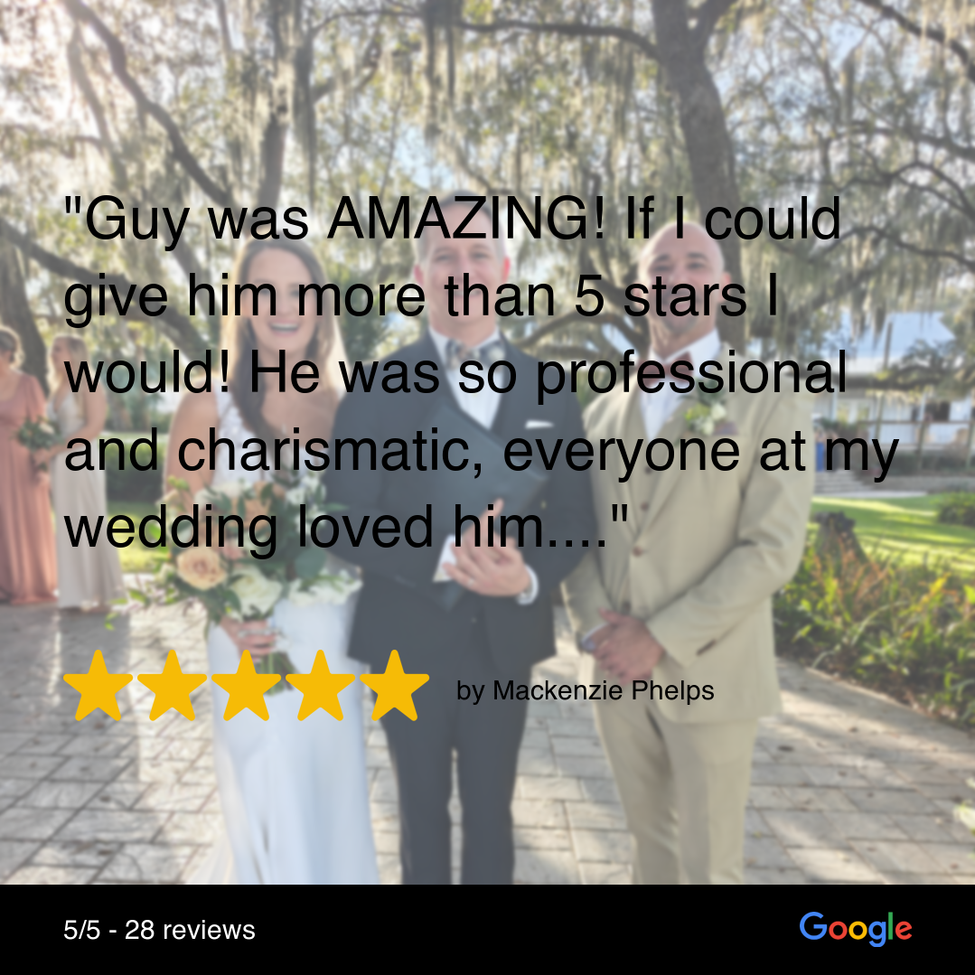 5-star wedding review for Guy Thee Wed from Mackenzie and Kyle. Quote: 'Guy was AMAZING! He was so professional and charismatic, everyone at my wedding loved him.'