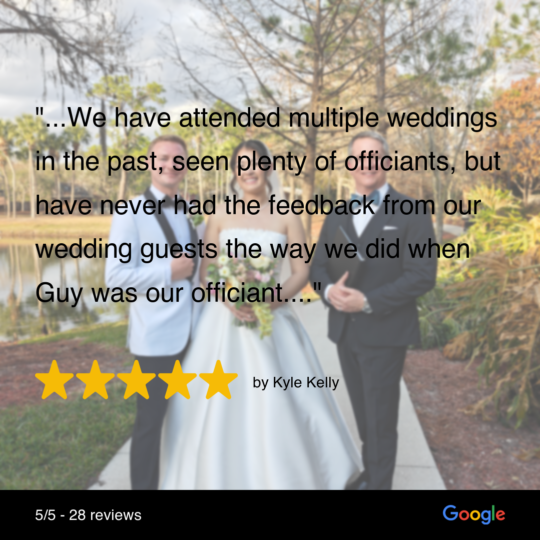 Wedding review for Guy Thee Wed featuring Alexis and Kyle. Quote: 'We have seen plenty of officiants, but have never had the feedback from our guests the way we did when Guy was our officiant.'