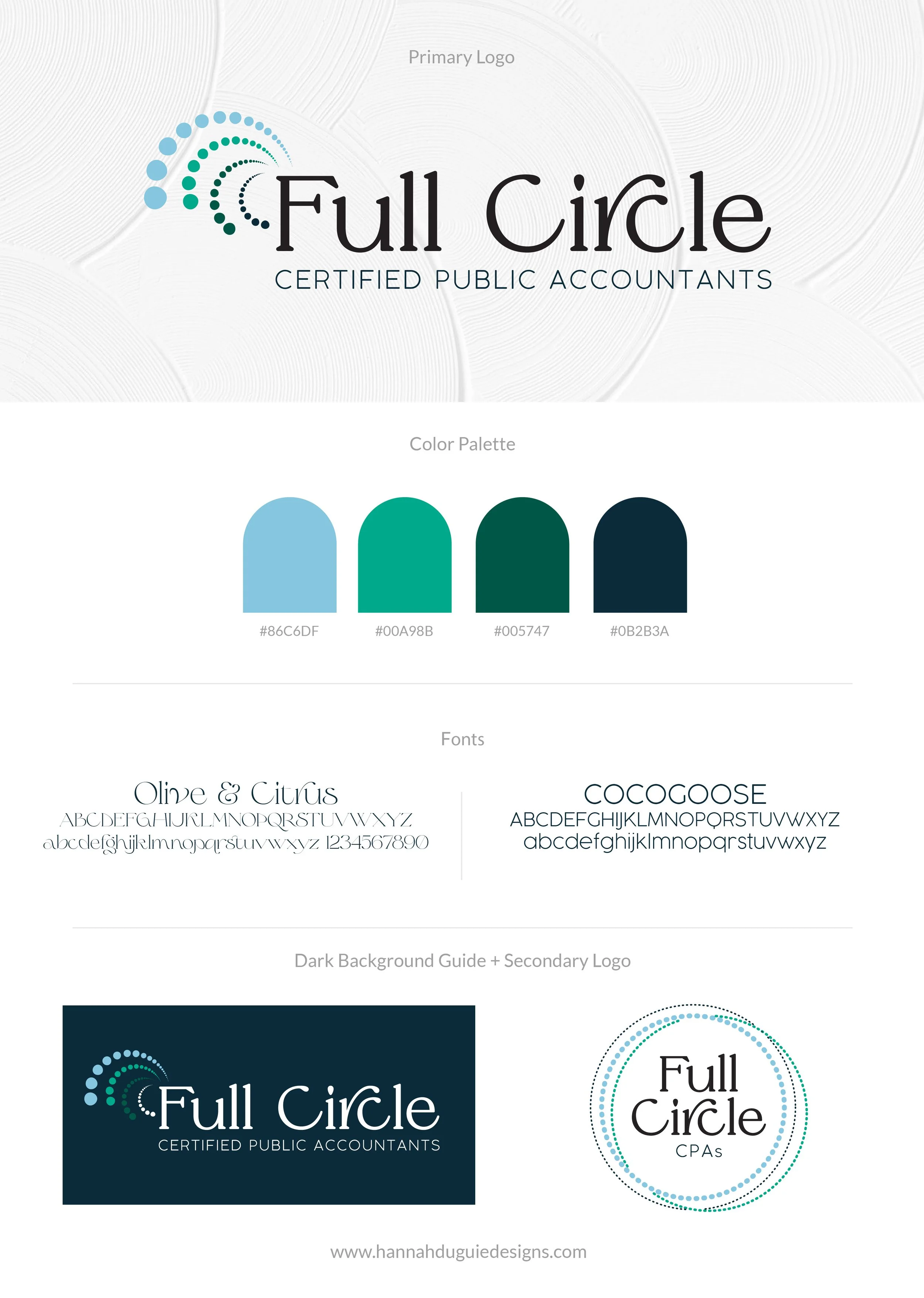 Logo design branding guide for Full Circle Certified Public Accountants featuring color palette, alternative logos, font usage, and visual elements.