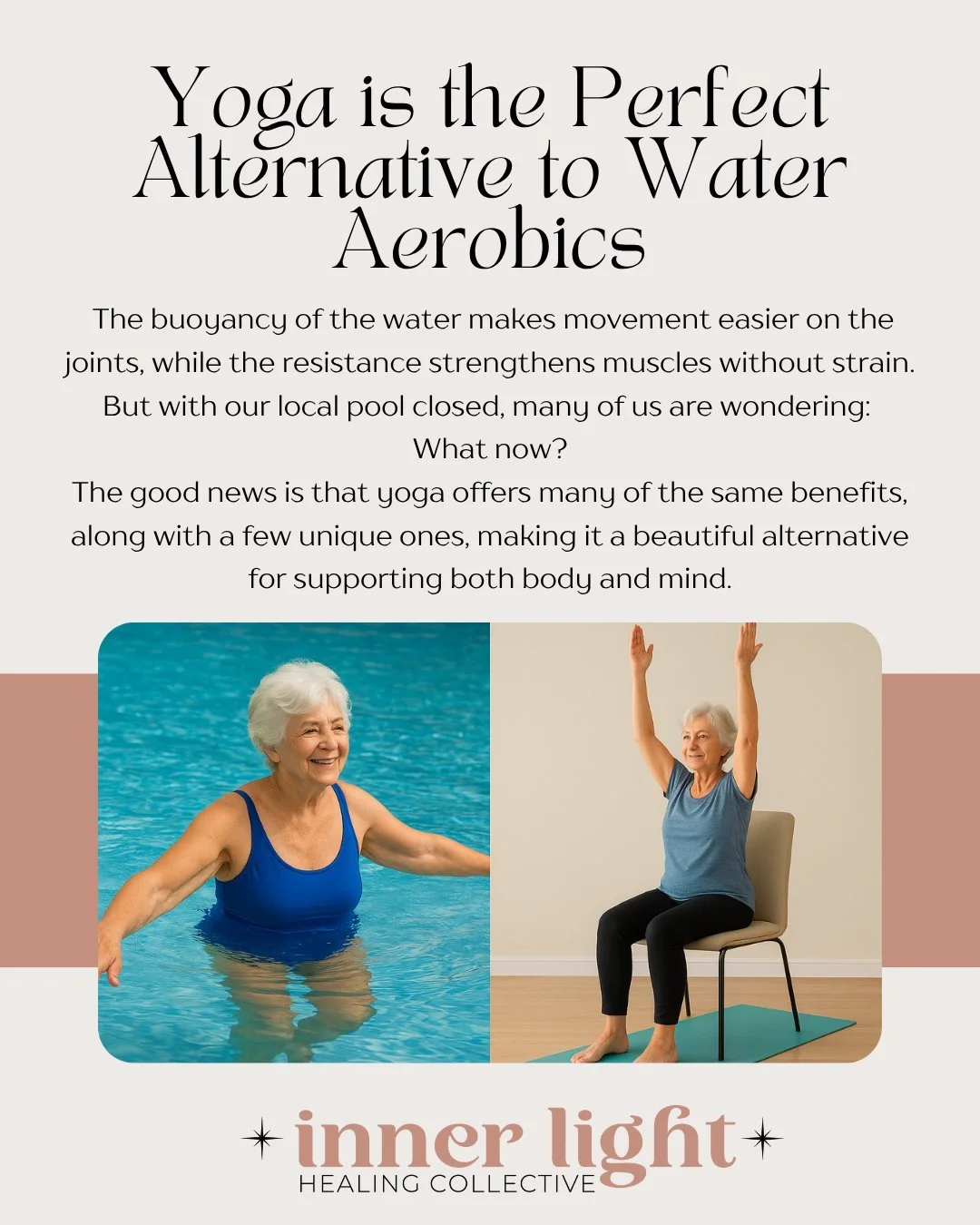 #DidYouKnow Yoga is a great alternative to aquasize?? 

Low-impact support, plus the addition of mind &amp; spirit. 

We now have 2 Chair Yoga Classes each week! (Only $11 per class) It's a great core workout for all ages!

✨Wednesdays at 11:00am
✨Fr