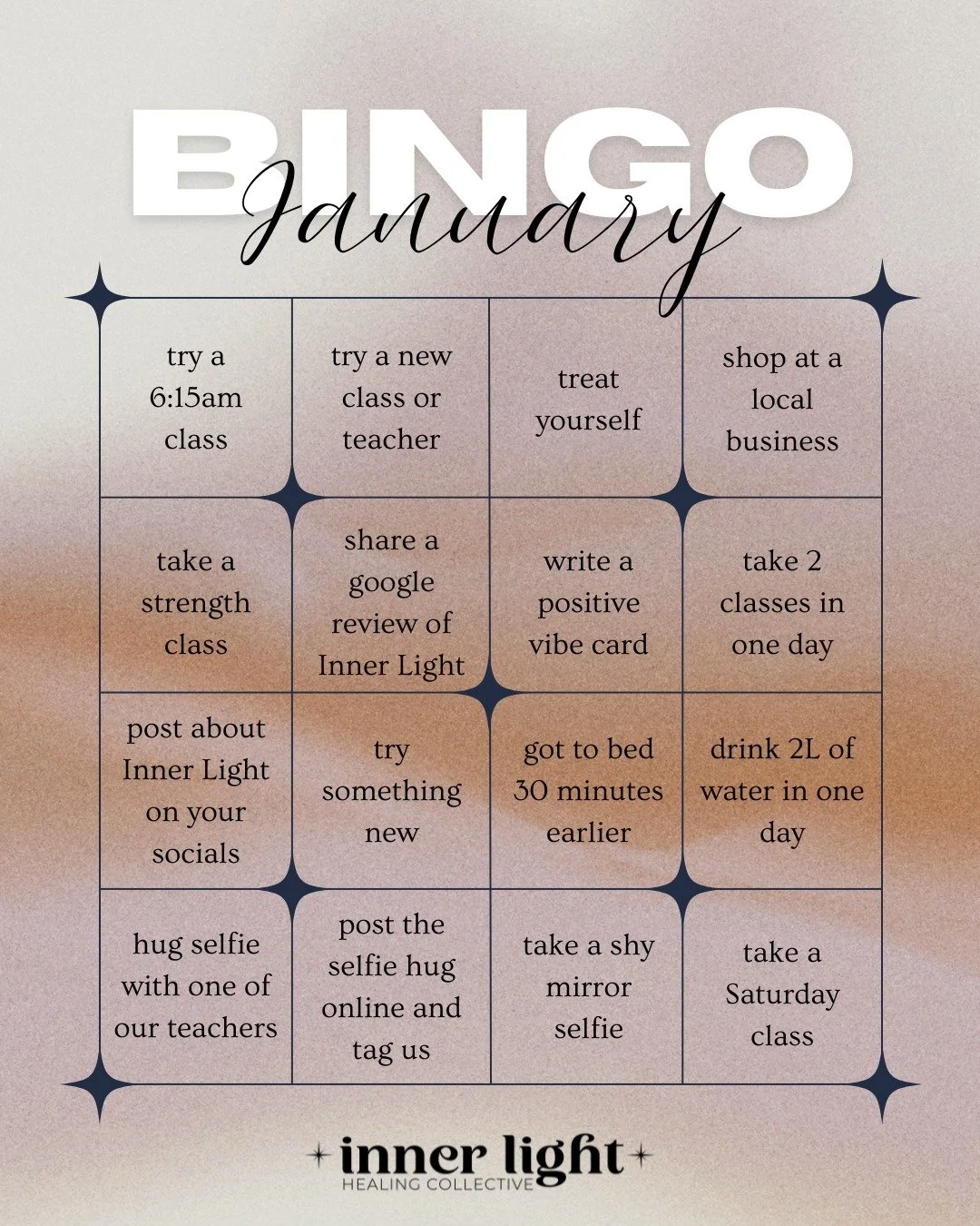 10 more days to play January BINGO with us!

Bring in or show us your bingo sheet....one line or a blackout will be entered to win a prize!

#januaryfun #innerlighthealingcollective #yogastudio