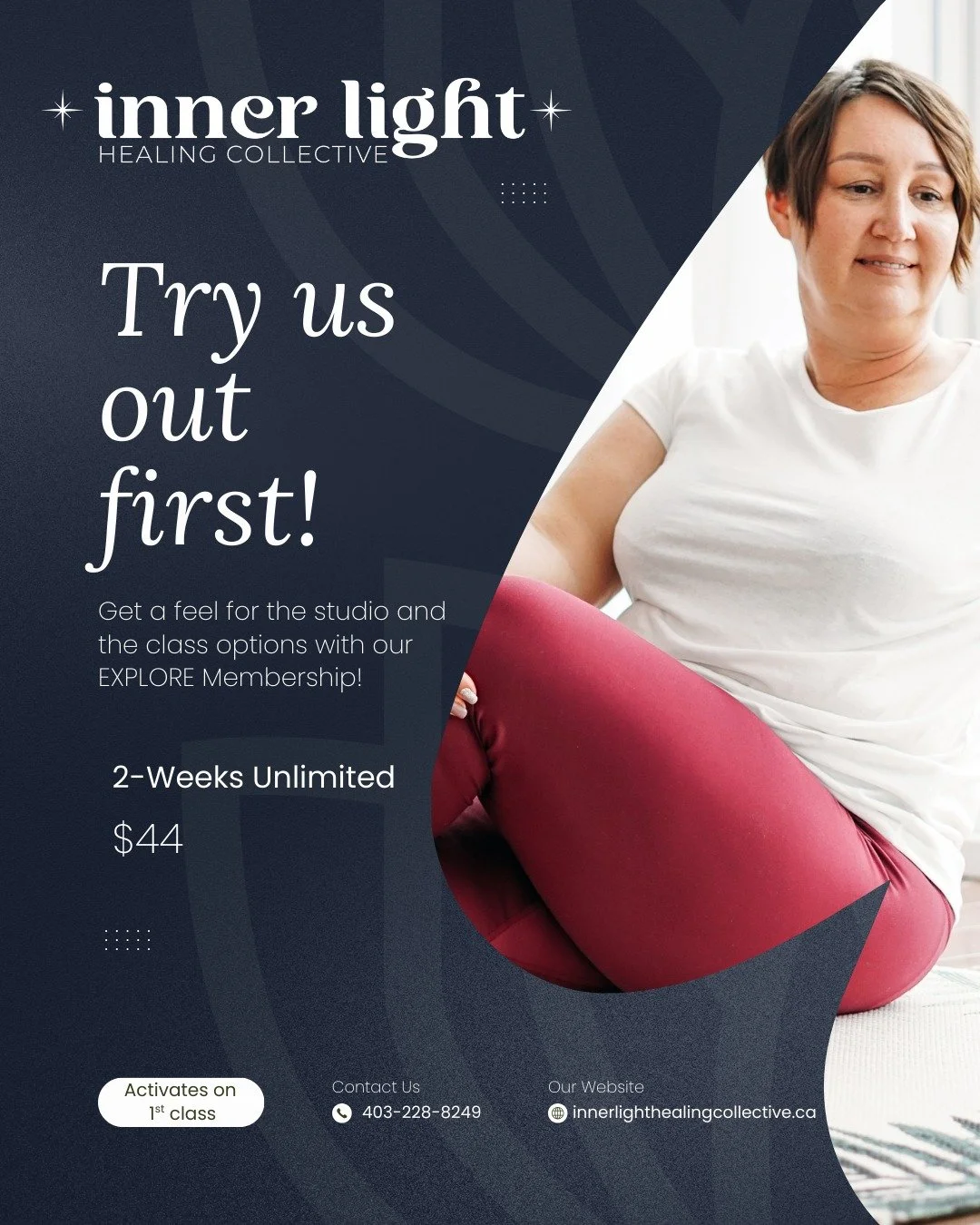 Haven't been to our studio yet? But you've been watching our socials wondering about it?

Come try us out for 2 weeks! Unlimited! 

For only $44 you can give a test drive to all the different kinds of classes and see what you like and how often you'd