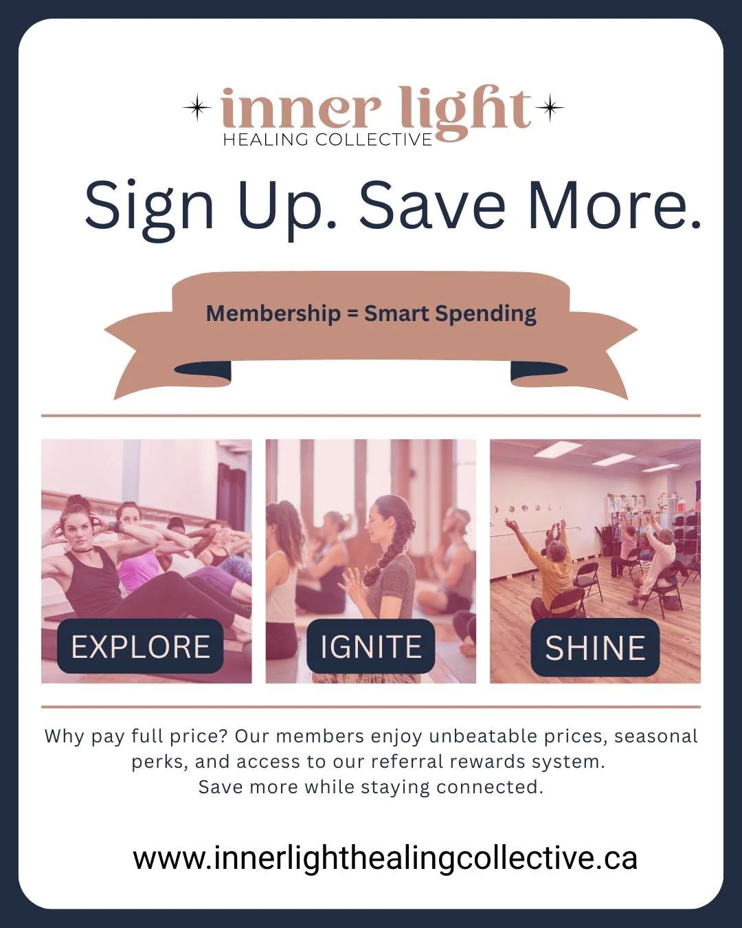 We have options to join our movement!

Start with EXPLORE ---> 2 weeks Unlimited to Try the Classes out!

IGNITE ---> $123/month for Unlimited Classes, Discounts, and more!

SHINE ---> $77/month for those 65+, Unlimited Classes and more!

Me