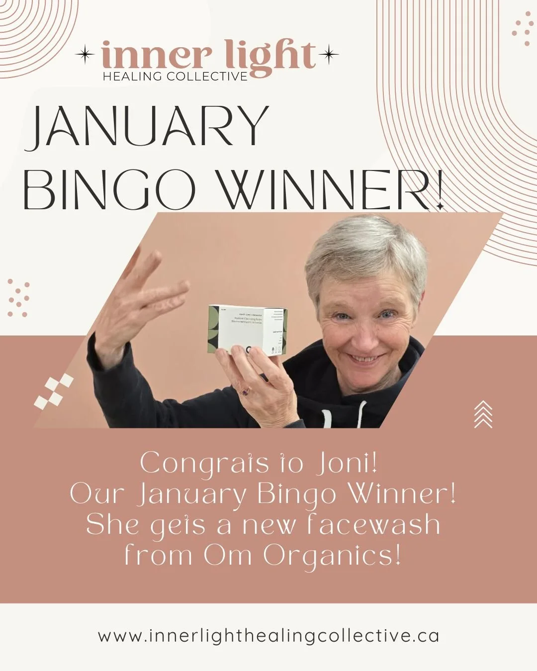 Congrat Joni! 

She is our January Bingo Winner - - - and snags herself the luxurious, Radiant Cleansing Balm, from Om Organics Skincare!

For February, you can win the new OmG Facial Treatment!! So grab your bingo card online or pick up a paper copy