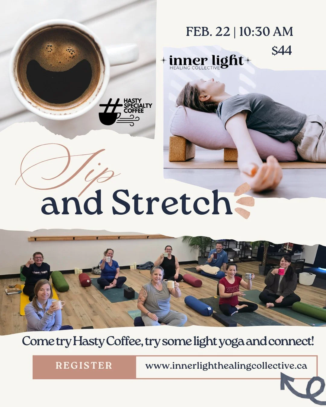 Coffee and Yoga??? It's true!

Join us for Sip &amp; Stretch, where you'll enjoy a carefully crafted cup of Hasty Specialty Coffee while engaging in restorative stretching, deep relaxation, and guided meditation.

Whether you're a coffee enthusiast, 