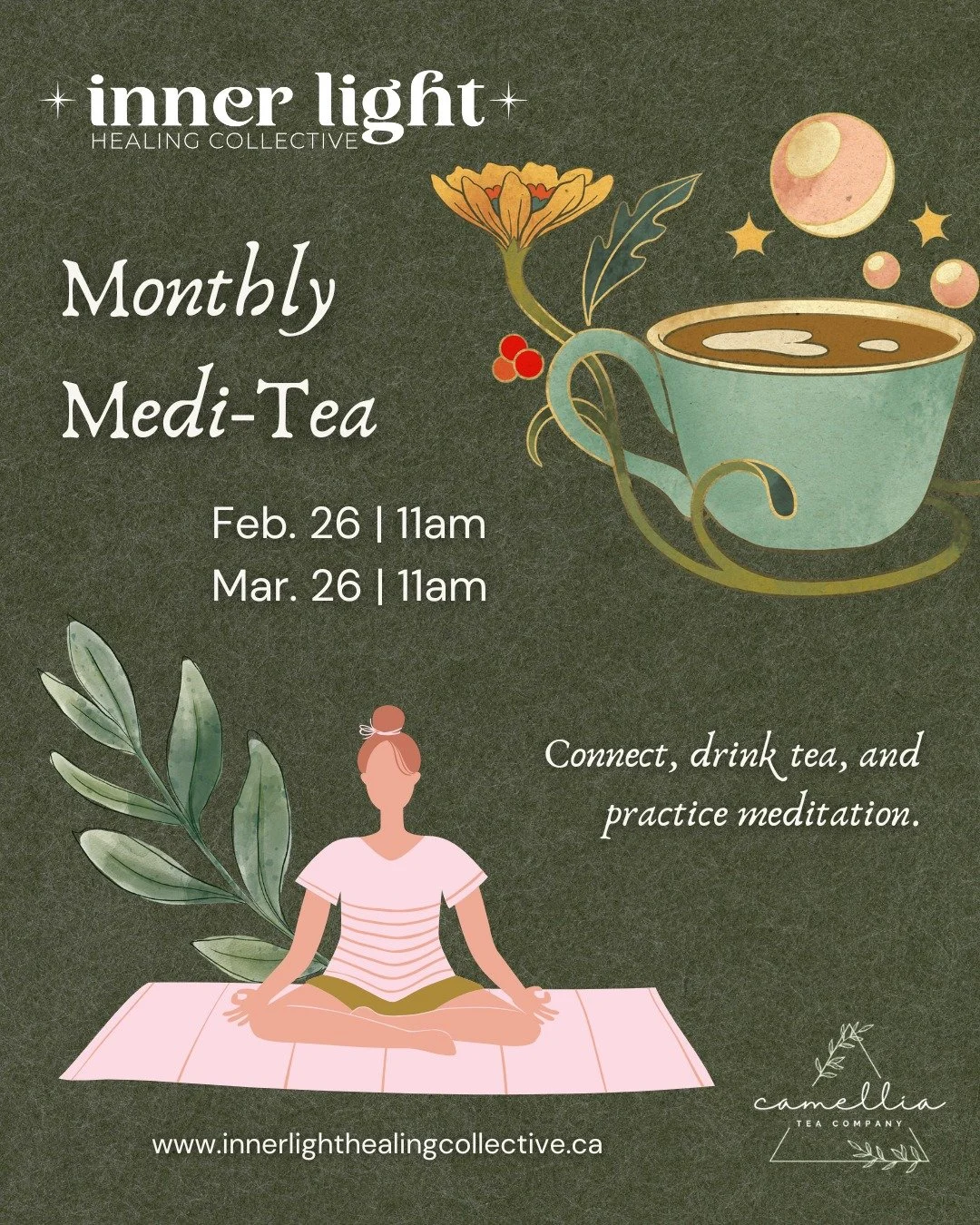 Medi-Tea is back! 

Our monthly collaboration with @camelliateacompany ! Join us for connection &amp; conversation, a little practice of meditation, and some delicious High River tea!
(or if you're more of a coffee person, you can have some local Hig