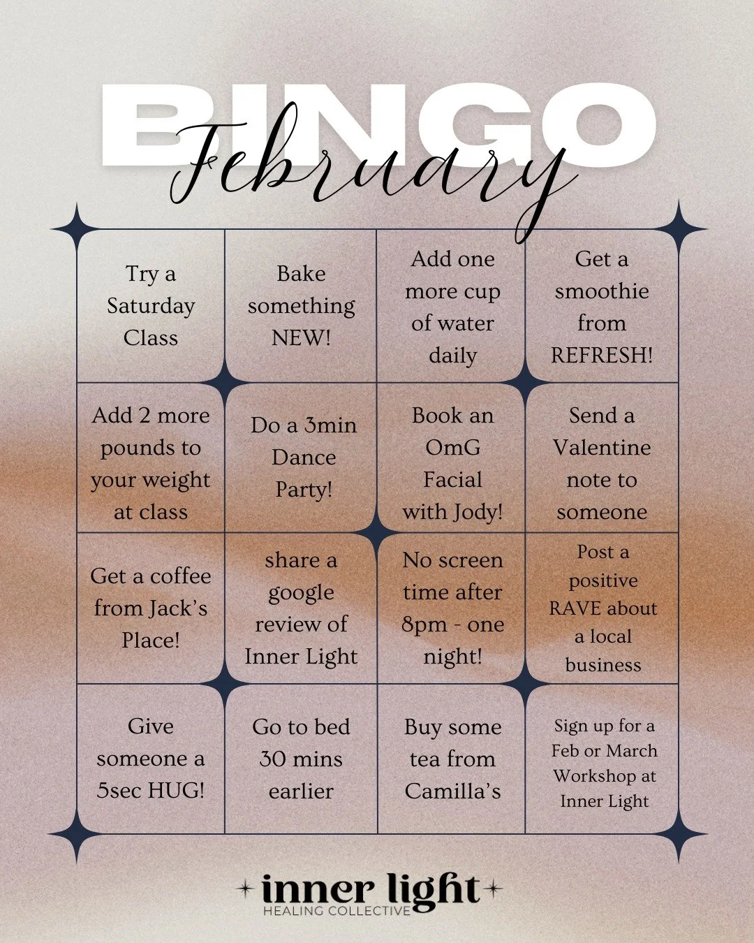 How's your February Bingo Card coming along???

We are sharing the love this month!

1 line = 1 entry
Black Out = 5 entries
You can snag a paper copy at the studio. 

Deadline to hand in your card is March 2, 2026.

#februaryfun #sharethelove #bingo 