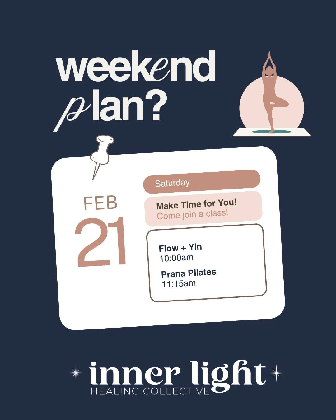 Got Saturday Plans??? 

We got you!

Bring your friends and come try one of our Saturday classes!

Flow + Yin | 10:00AM 
Prana Pilates | 11:15AM 

No experience needed for either class.
No flexibility needed
No high level of fitness needed

Sign up o