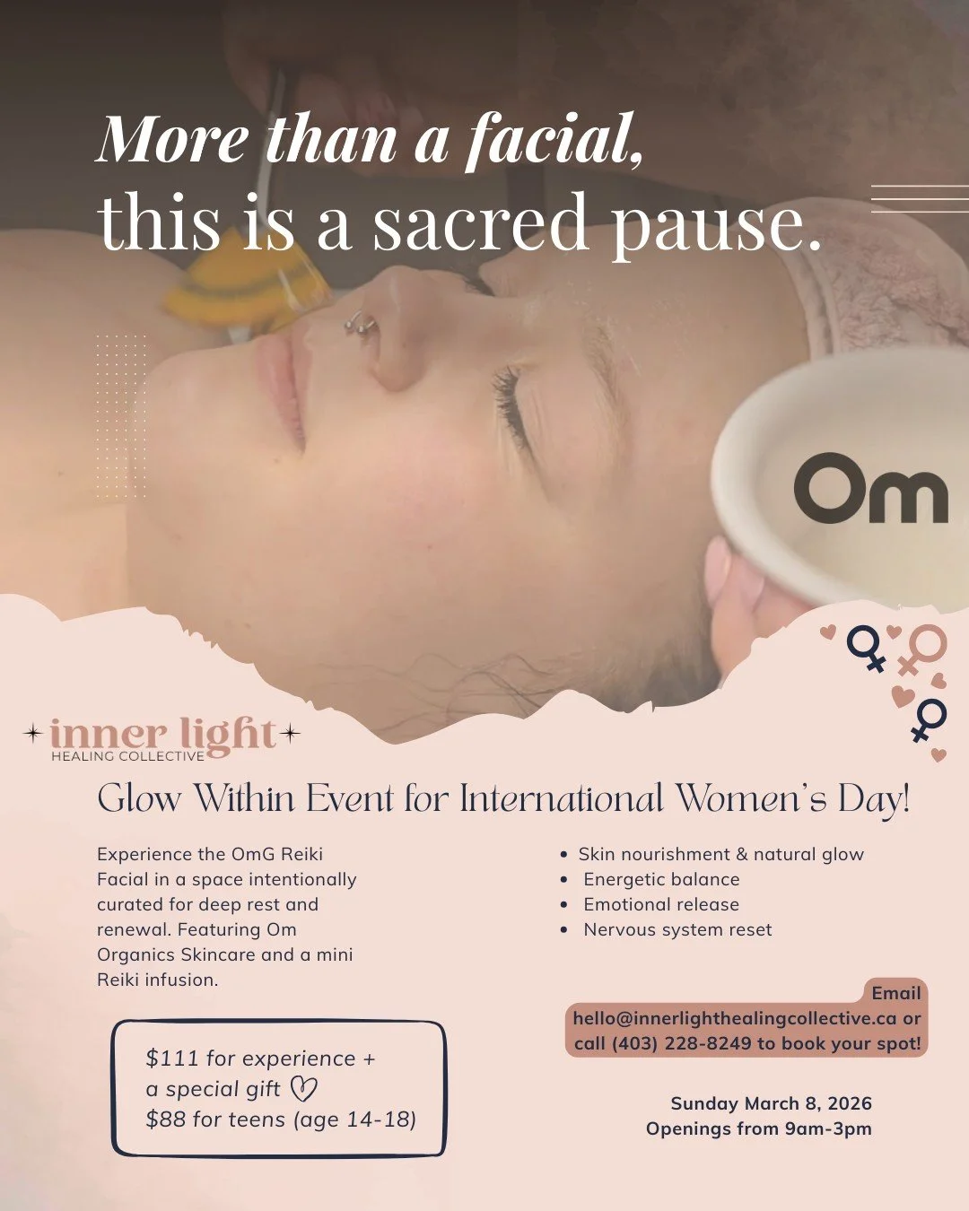She doesn&rsquo;t need fixing.
She needs space to soften.

This International Women&rsquo;s Day, gift yourself a sacred pause.

The OmG Reiki Facial Experience blends organic skincare + subtle energy healing to restore your glow; inside and out.

Lim