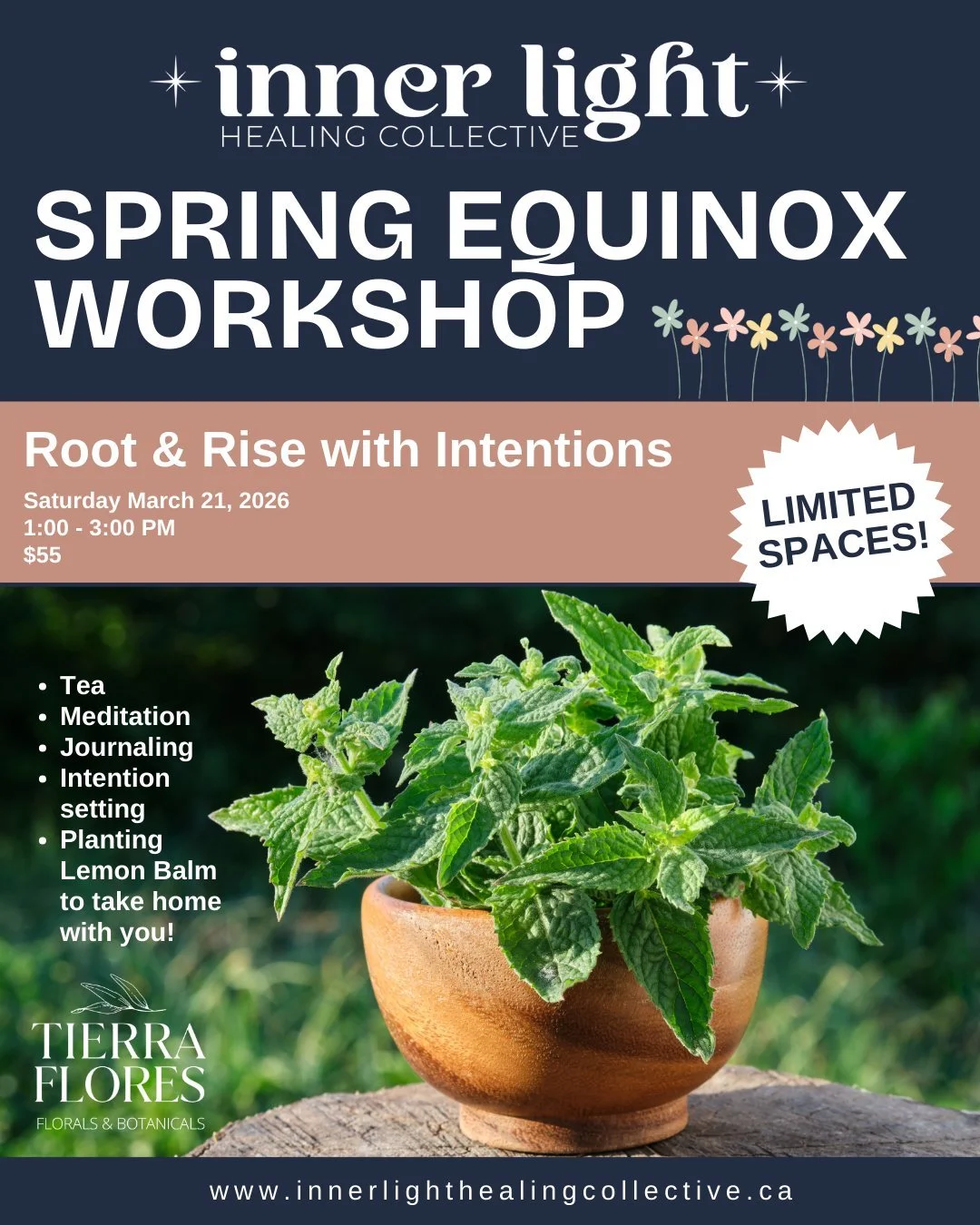 T-minus 3 days until we welcome Spring with this fun workshop with our friends at @tierrafloresfarm 

Join us for some tea, meditation, journaling, intention setting, and getting our hands in some dirt-planting lemon balm to take home! 

We have a fe