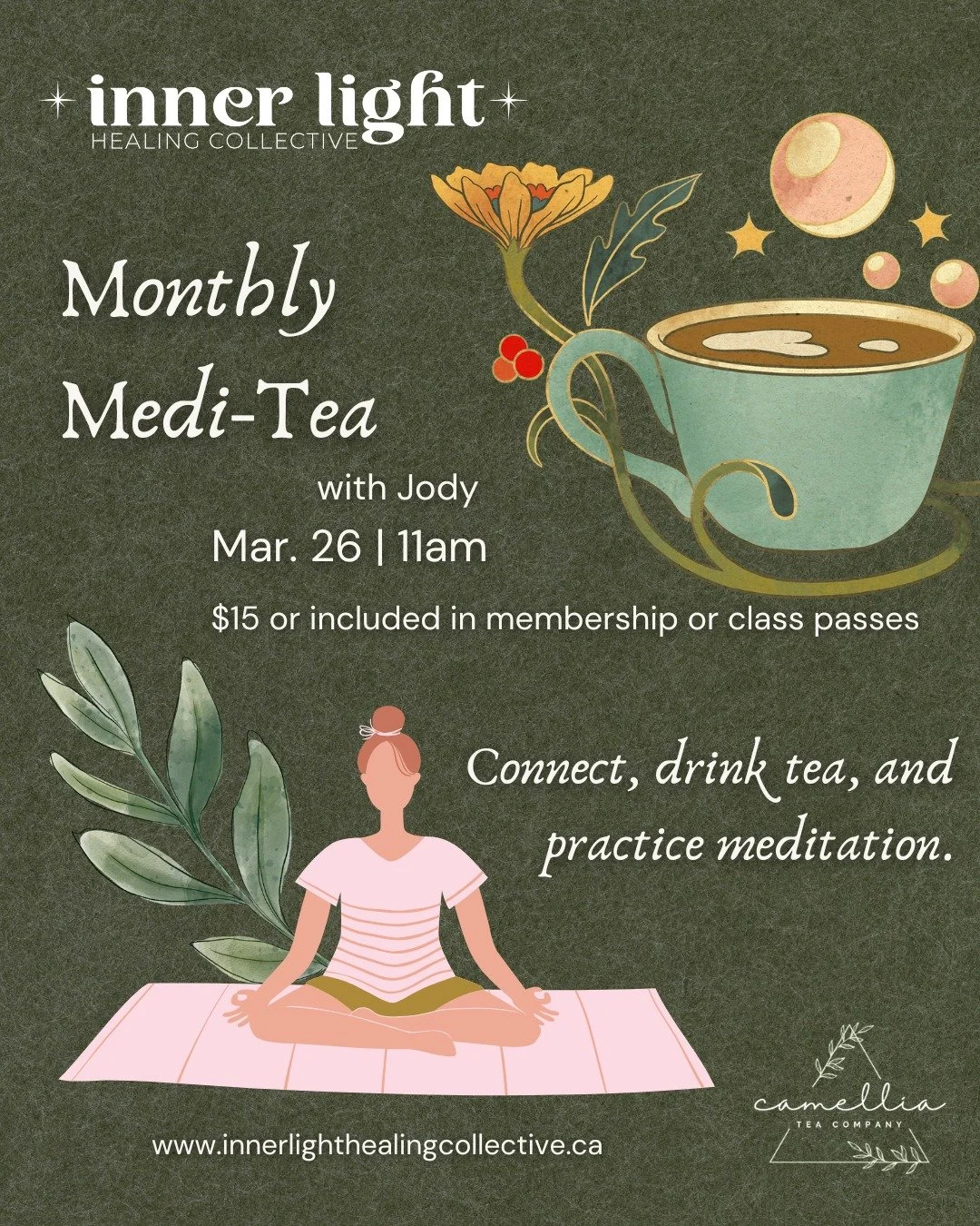 Tomorrow morning...(Thursday, March 26) join Jody for Medi-Tea!
A fun collaboration with @camelliateacompany ! ☕🩷

$15 or included in your membership or class passes! 
Register online.

It's a fun time to learn to meditate, relax mind and body, and 