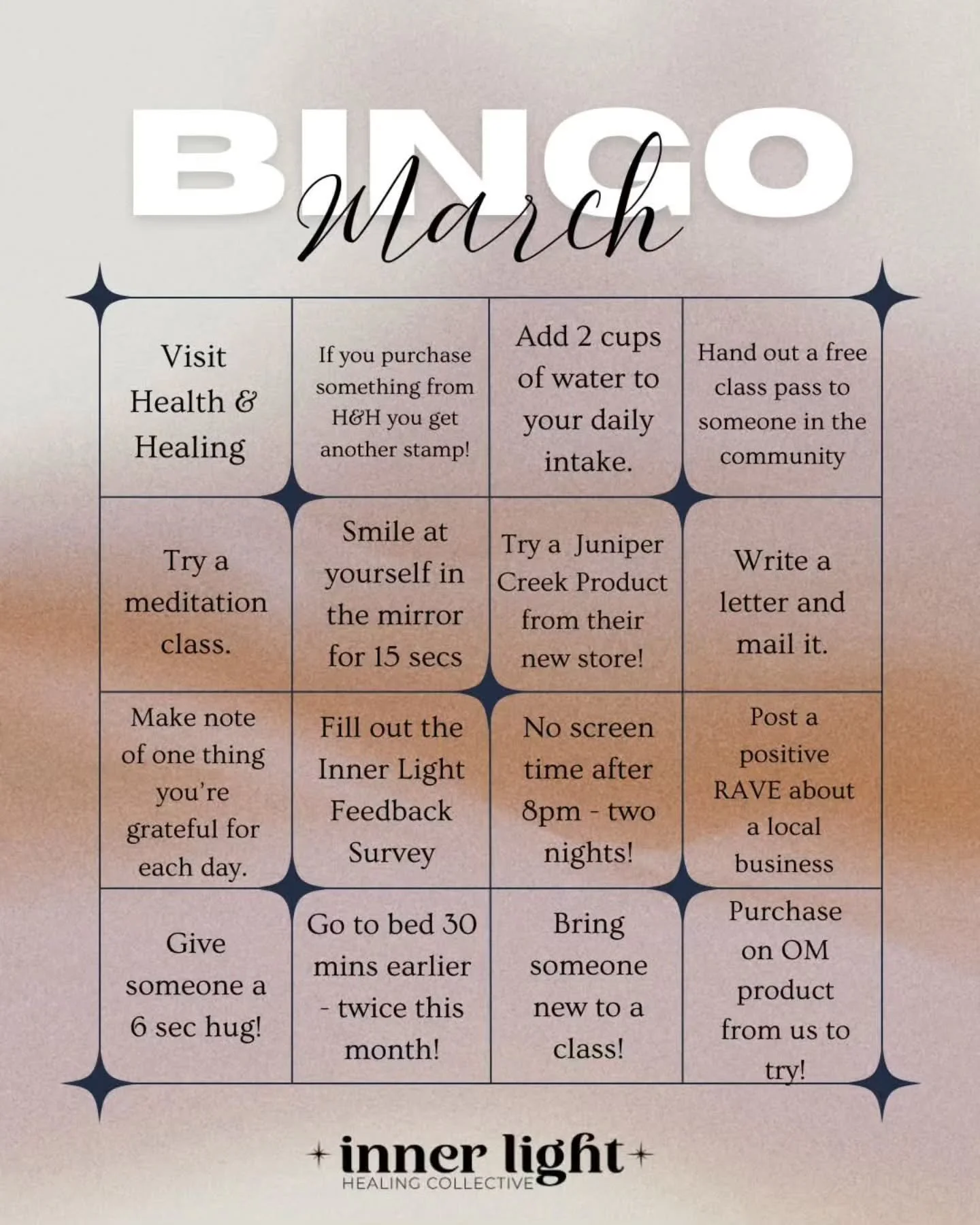 How's your March bingo coming along?

#DidYouKnow that only 3 squares gets you one entry??

Hand yours in April 1! You could win a reiki or facial treatment!

#InnerLightHealingCollective #marchbingo