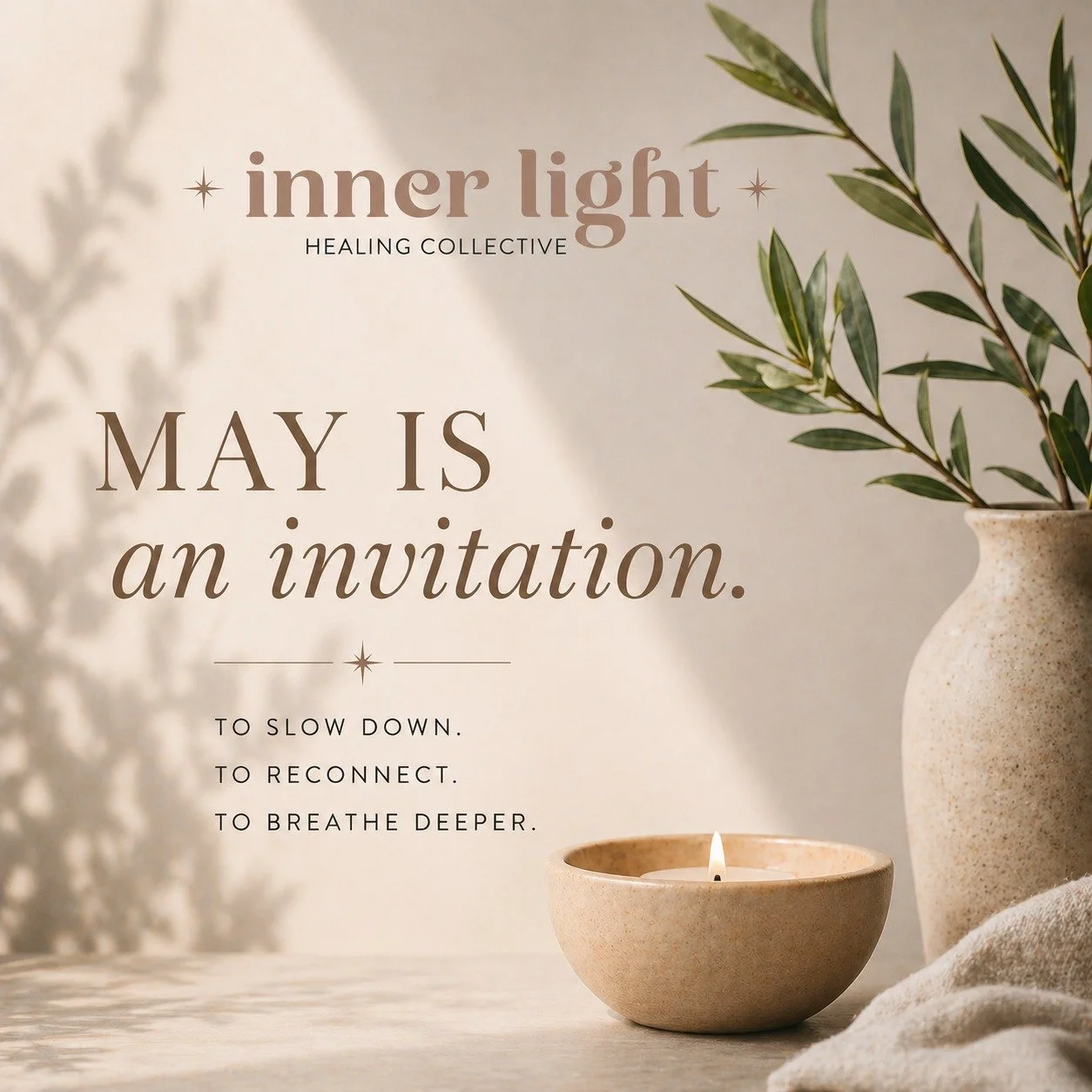 May is an invitation. 🌿

An invitation to slow down.
To reconnect.
To breathe deeper.
To move your body with intention instead of pressure.
To remember that healing doesn&rsquo;t always have to be hard.

This month at Inner Light, we&rsquo;re ground