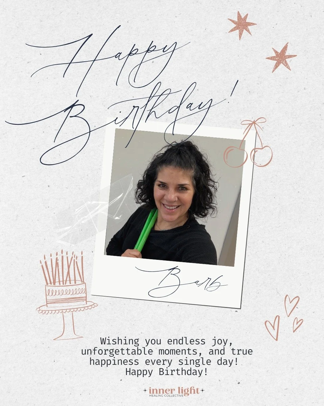 Happy Birthday to Barb!!!

Come celebrate with her on Wednesday at 6:00pm or Friday at 6:15am!

If you haven't experienced her energy yet in a Pound Class, you're missing out!

We wish you an amazing year Barb!

#innerlighthealingcollective #birthday