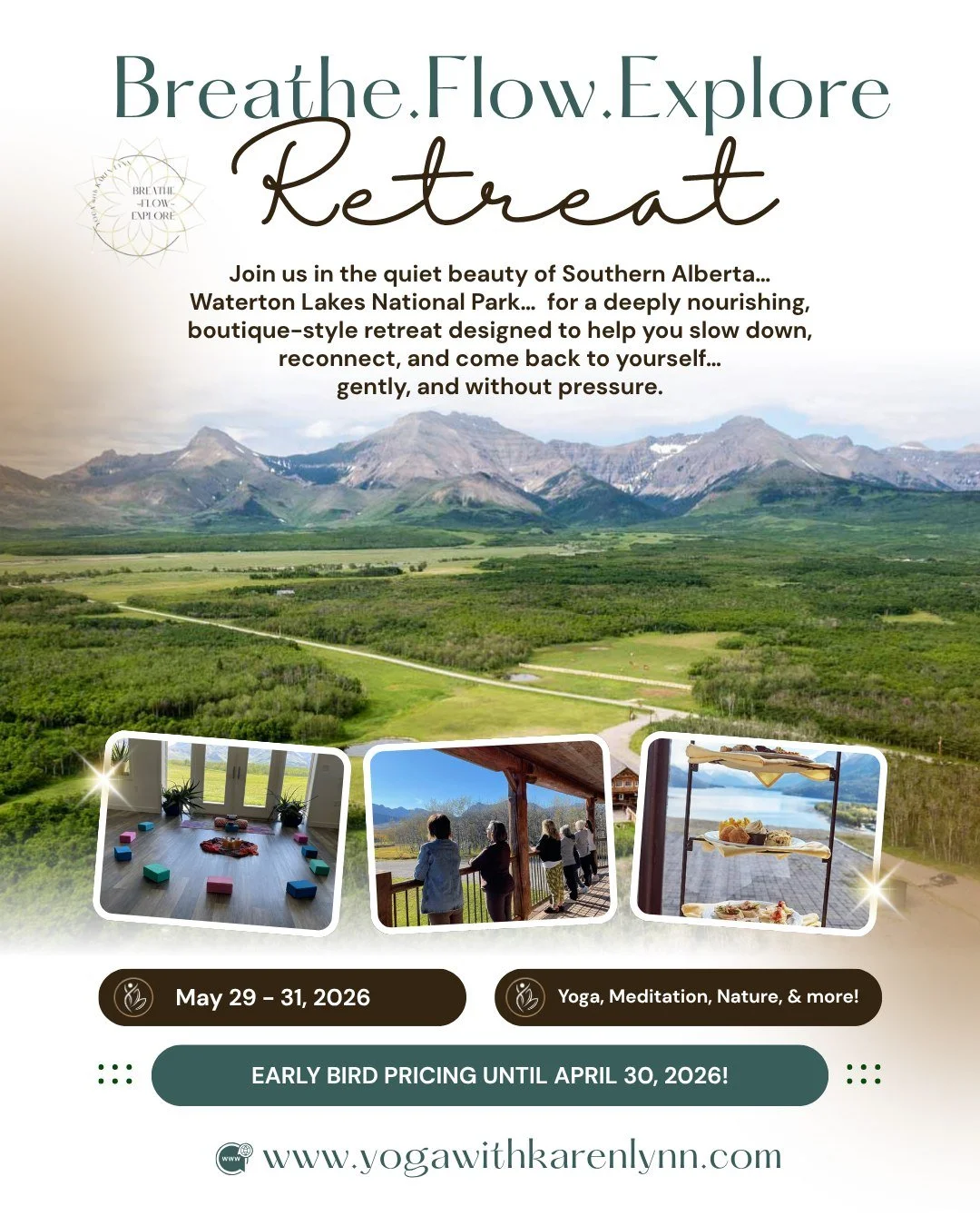 WATERTON RETREAT 🌿✨
with Jody &amp; Karen

Imagine a weekend surrounded by mountains, nature, stillness, connection, movement, healing, laughter, deep conversations, and space to truly breathe again.

Our Waterton Retreat is an opportunity to step a