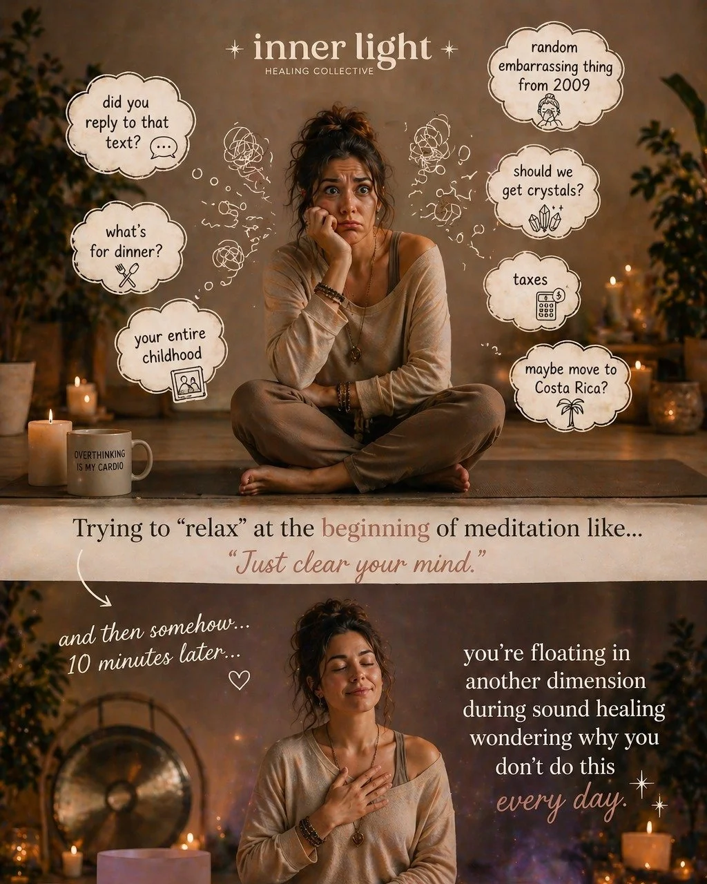 Trying to &ldquo;relax&rdquo; at the beginning of meditation like&hellip; 😂

🧘&zwj;♀️ &ldquo;Just clear your mind.&rdquo;

Meanwhile my brain:
&bull; did you reply to that text?
&bull; what&rsquo;s for dinner
&bull; your entire childhood
&bull; ran