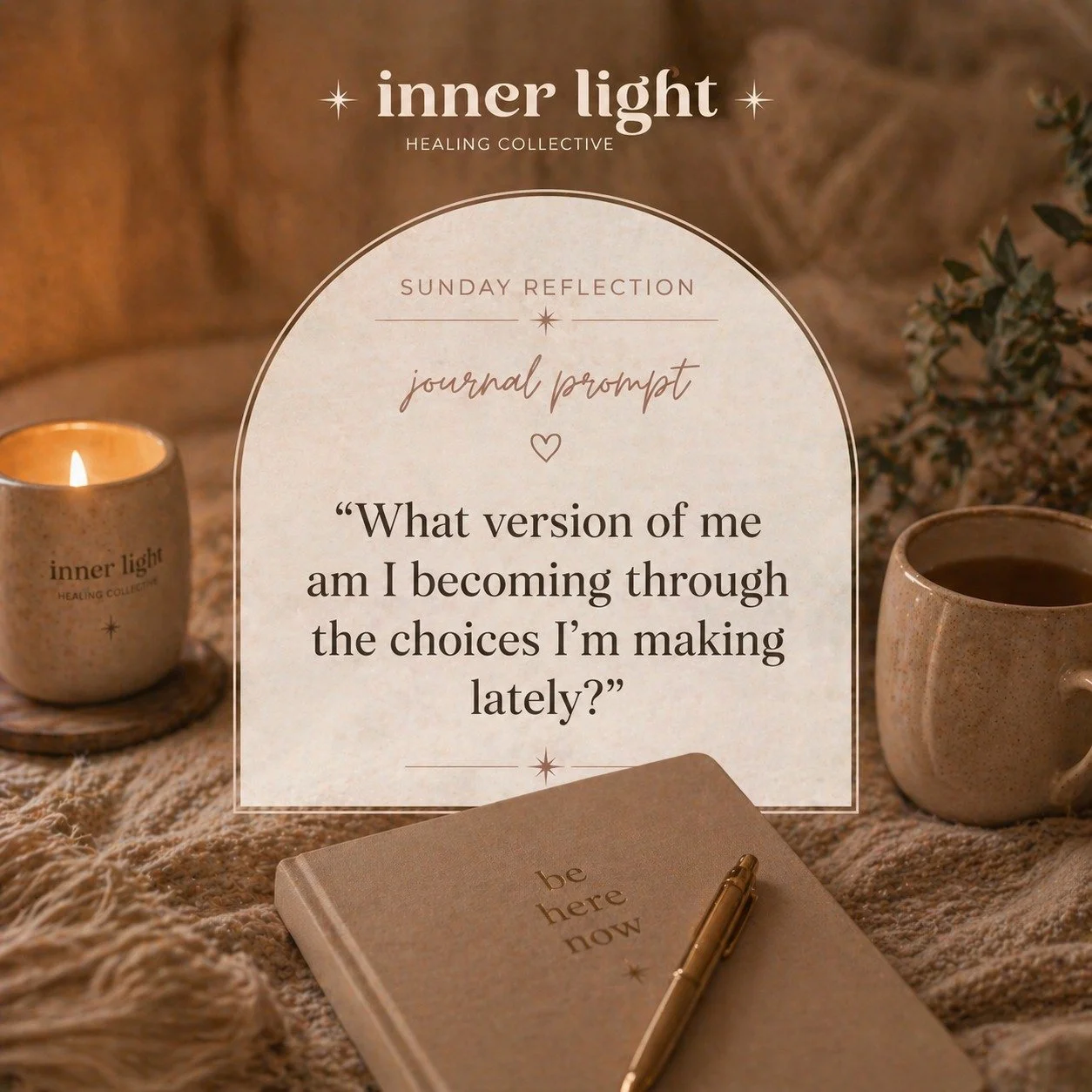 Sunday journal prompt 

&ldquo;What version of me am I becoming through the choices I&rsquo;m making lately?&rdquo;

Not from judgment.
Not from pressure.
Just from awareness.

Sometimes growth isn&rsquo;t loud or dramatic.
Sometimes it&rsquo;s:
✨ ch