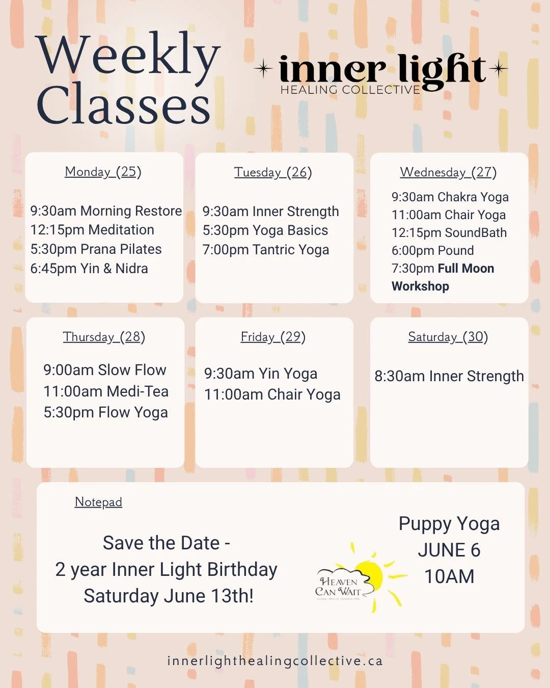 It's going to be an awesome ending to May this week.

Come try a class!

Join the Full Moon Workshop on Wednesday night! We are going to make a little craft!

#innerlighthealingcollective #weeklyclassschedule #endofMay