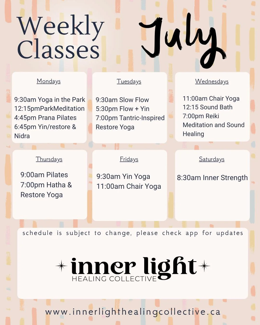July is stacked full of fun with workshops and weekly classes!

Reminder to check the app or website for any class changes...as they do happen.

What are you going to join us for this week?

#innerlighthealingcollective #julyclasses #highriver #yogai
