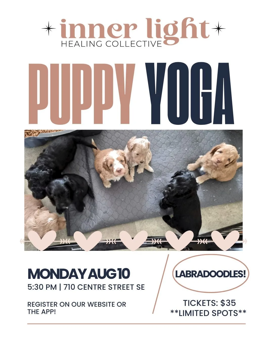 Happy Monday! 🐶

Puppy Yoga Registration is NOW OPEN! 

We are hosting a special Puppy Yoga event with these adorable labradoodles! Michelle will be bringing the crew in to share joy with us!

🗓 August 10, 2026 at 5:30pm
💲$35 | limited spots!
📍71