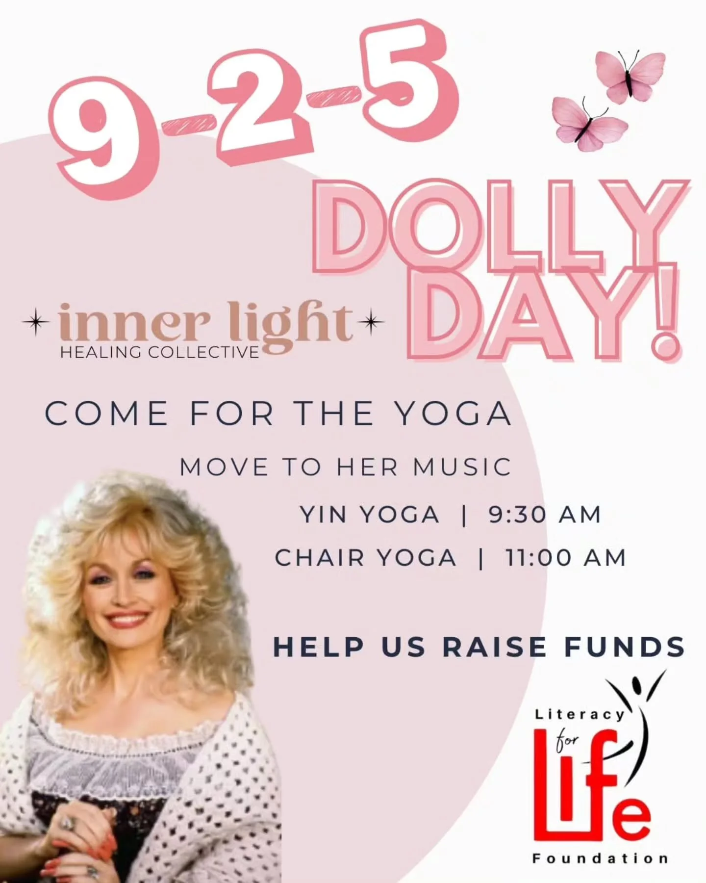 September 25th has been declared Dolly Day! 🦋
9-2-5 🩷

So we are getting in on the fun! Our classes are FREE this day and we invite you to bring a donation for @literacyforlifefoundation 

Enjoy a Playlist of her music and give back to community at