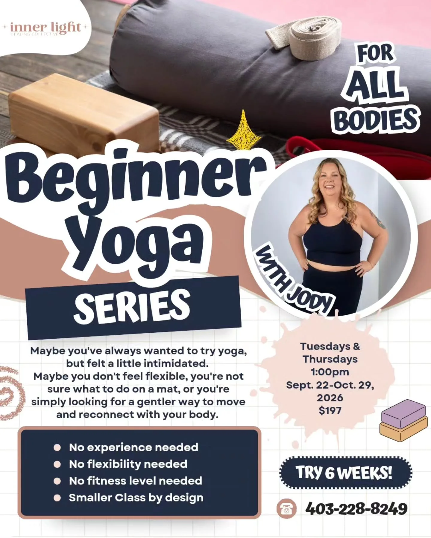 Been watching our socials for awhile, reading the emails, wanting to come to a class but feeling unsure??

We have the place to start.

Beginner Yoga Series
Daytime and Evening options.

Sign up online.

#innerlighthealingcollective #beginneryoga #hi