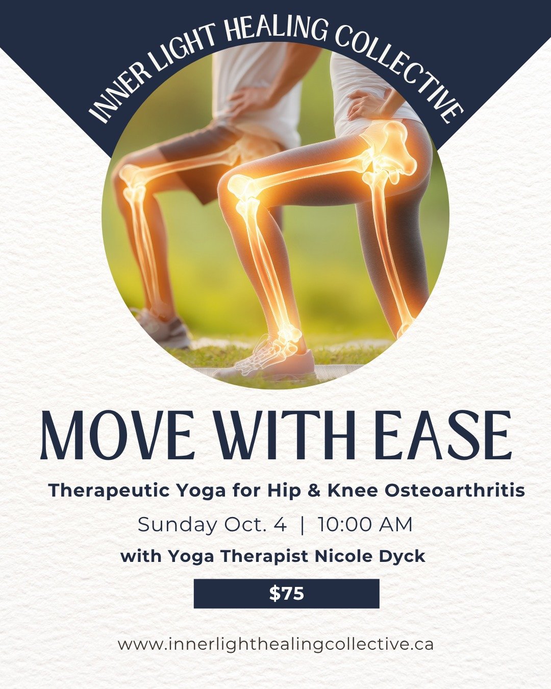 Therapeutic Yoga for Hip &amp; Knee Osteoarthritis

This workshop blends pain science, mindful movement, therapeutic yoga, and deep rest to create a compassionate space for exploring your unique relationship with your body.

A combination of guided m