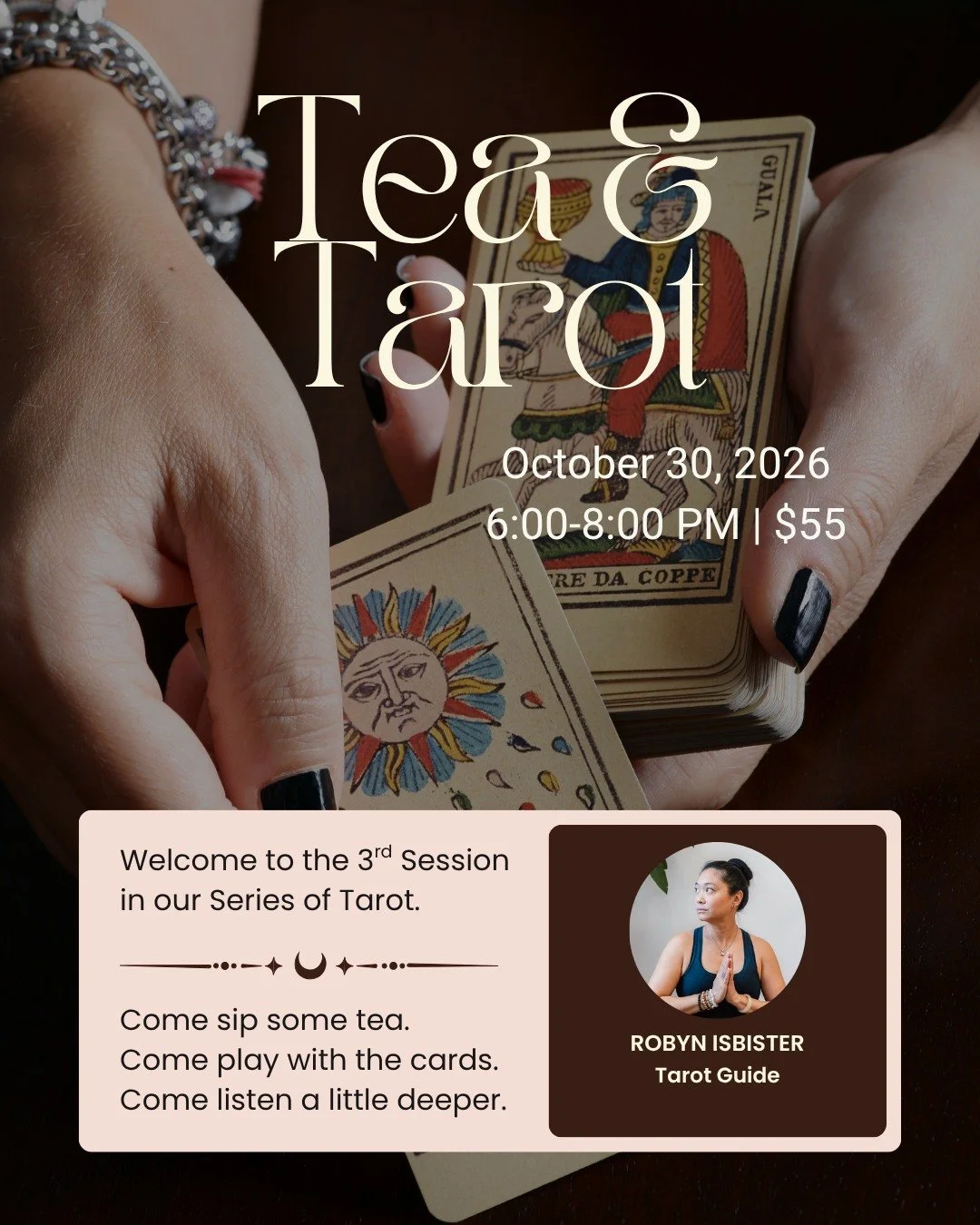 An evening of tea, connection, and diving into intuition.

Bring a friend, or come as you are and meet some new ones, for a cozy evening at Inner Light filled with warm tea, meaningful conversation, curiosity and a gentle exploration of tarot.

Tarot