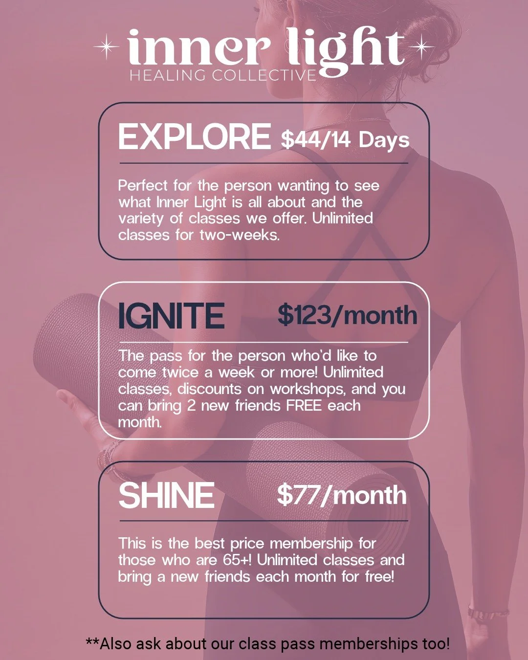 Unlimited classes, bring new friends for free, get discounts on workshops....
....membership does have its privileges. 🤩

Visit our website to get started with us for only $44.

#seeyouonyourmat #innerlightyoga #yogastudio #highriveryoga