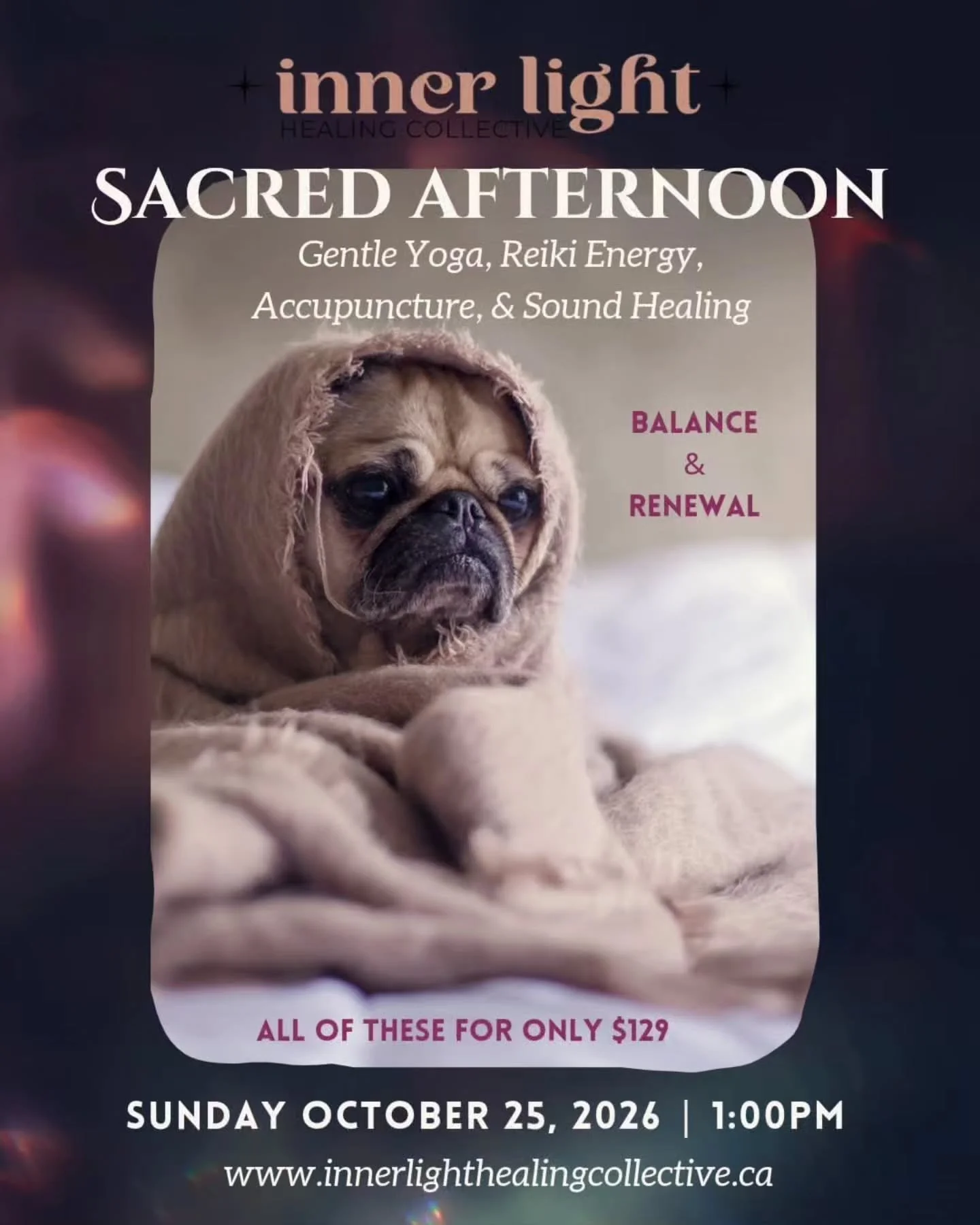 Feeling drained?

We got you! This Sunday, come in and do...nothing! Gentle yoga, reiki energy, ACCUPUNCTURE, all with relaxing sound bowls.

We've got 6 spots left for our Sacred Afternoon in High River. 

Sign up online. And we will do the rest.