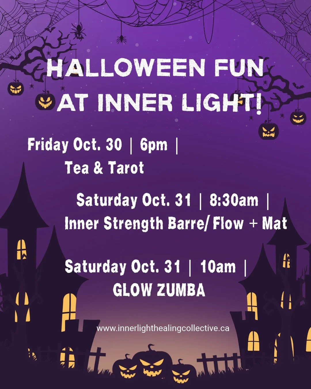 🎃👻 A LITTLE MAGIC, A LITTLE MOVEMENT &amp; A WHOLE LOT OF HALLOWEEN FUN!🖤💜

Who says Halloween is just for tricks and treats? Come spend the spookiest weekend of the year with us at Inner Light!

🔮 FRIDAY, OCTOBER 30 | 6 PM |Tea &amp; Tarot☕🃏 

