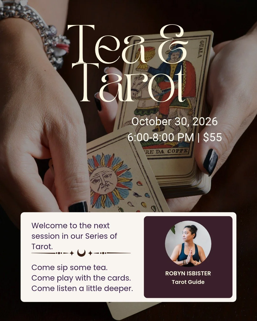 FRIDAY NIGHT FUN!

We've got your plans! Tap into your intuition  and learn more about tarot cards this Halloween Weekend. (no experience required)

Robyn has an amazing evening planned with delicious @camelliateacompany tea!

Grab the gang or come s