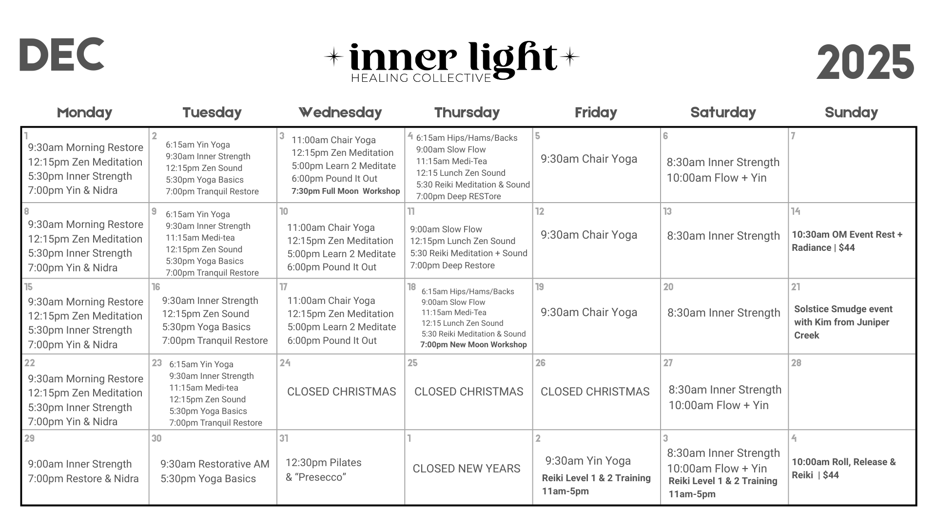 December 2025 yoga and meditation class schedule for Inner Light Healing Collective, with daily classes, special workshops, holidays, and events listed.