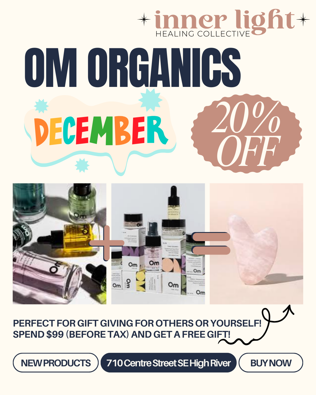 Promotional flyer for OM Organics skincare products at Inner Light Healing Collective with 20% off in December. The flyer includes images of various skincare products, a pink heart-shaped crystal, and text highlighting the offer and store details.