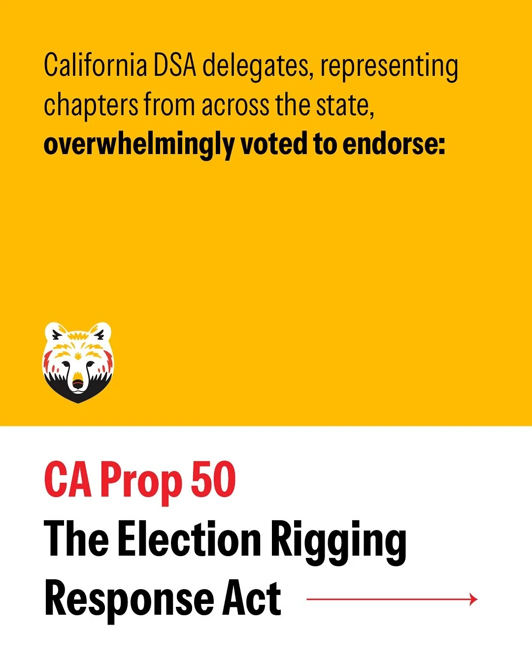 Join our working group and read the full statement at our link in bio!

California DSA delegates, representing chapters from across the state, overwhelmingly voted to endorse California&rsquo;s Prop 50, the Election Rigging Response Act. This act was