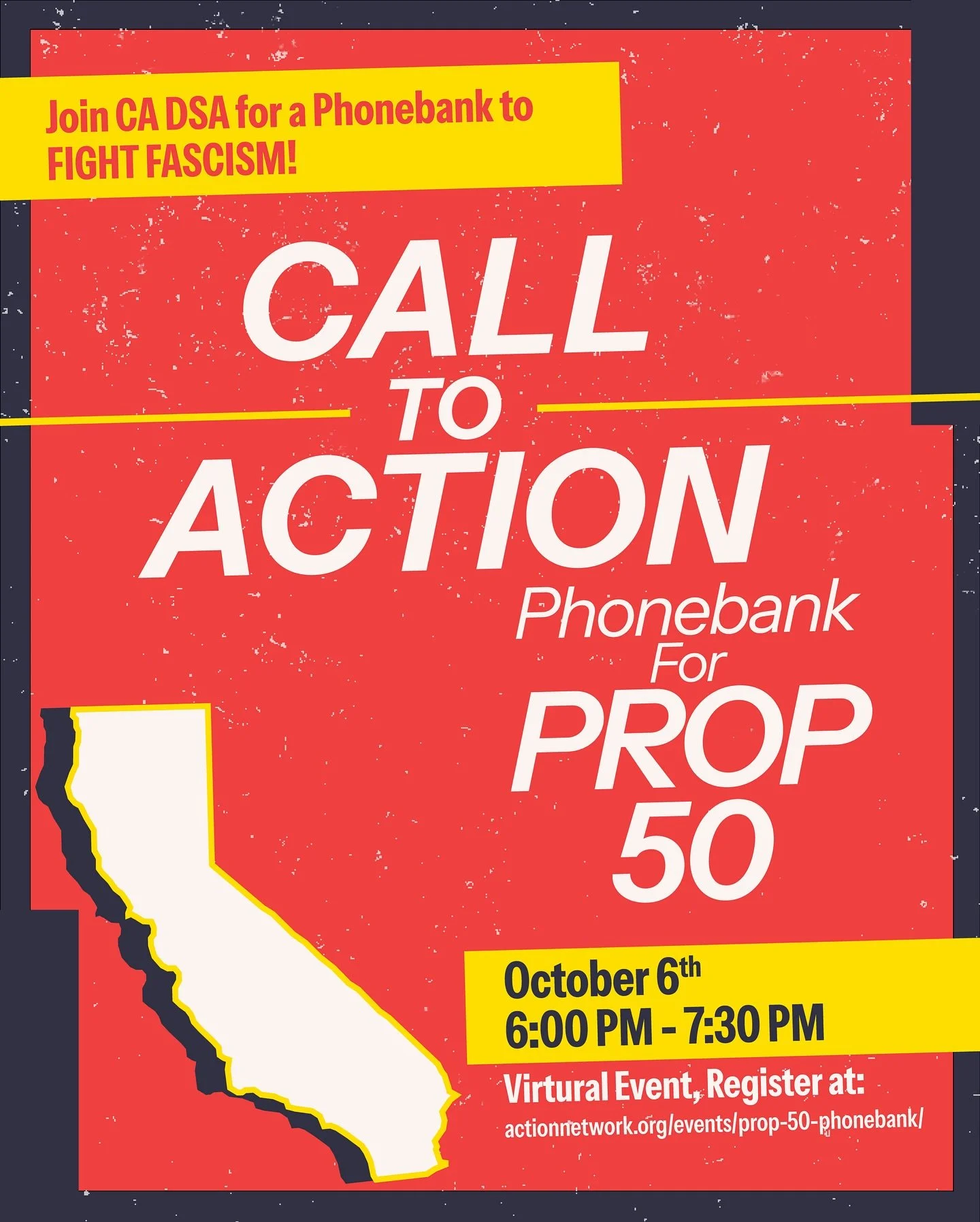 Join DSA chapters in California and CA DSA for a Yes on Prop 50 Phonebank on October 6th! RSVP at our link in bio!

Prop 50 will allow the California state legislature to draw new congressional districts &mdash; countering the unprecedented Republica