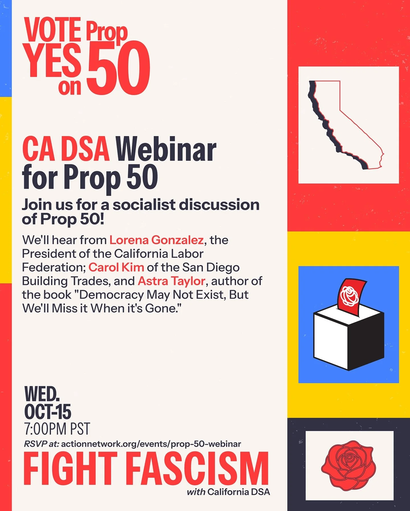 Join us for a webinar on Prop 50 with some very special guests as we highlight California&rsquo;s role in the fight against fascism! 

Wednesday, October 15th at 7pm on Zoom
You can RSVP at our link in bio!
