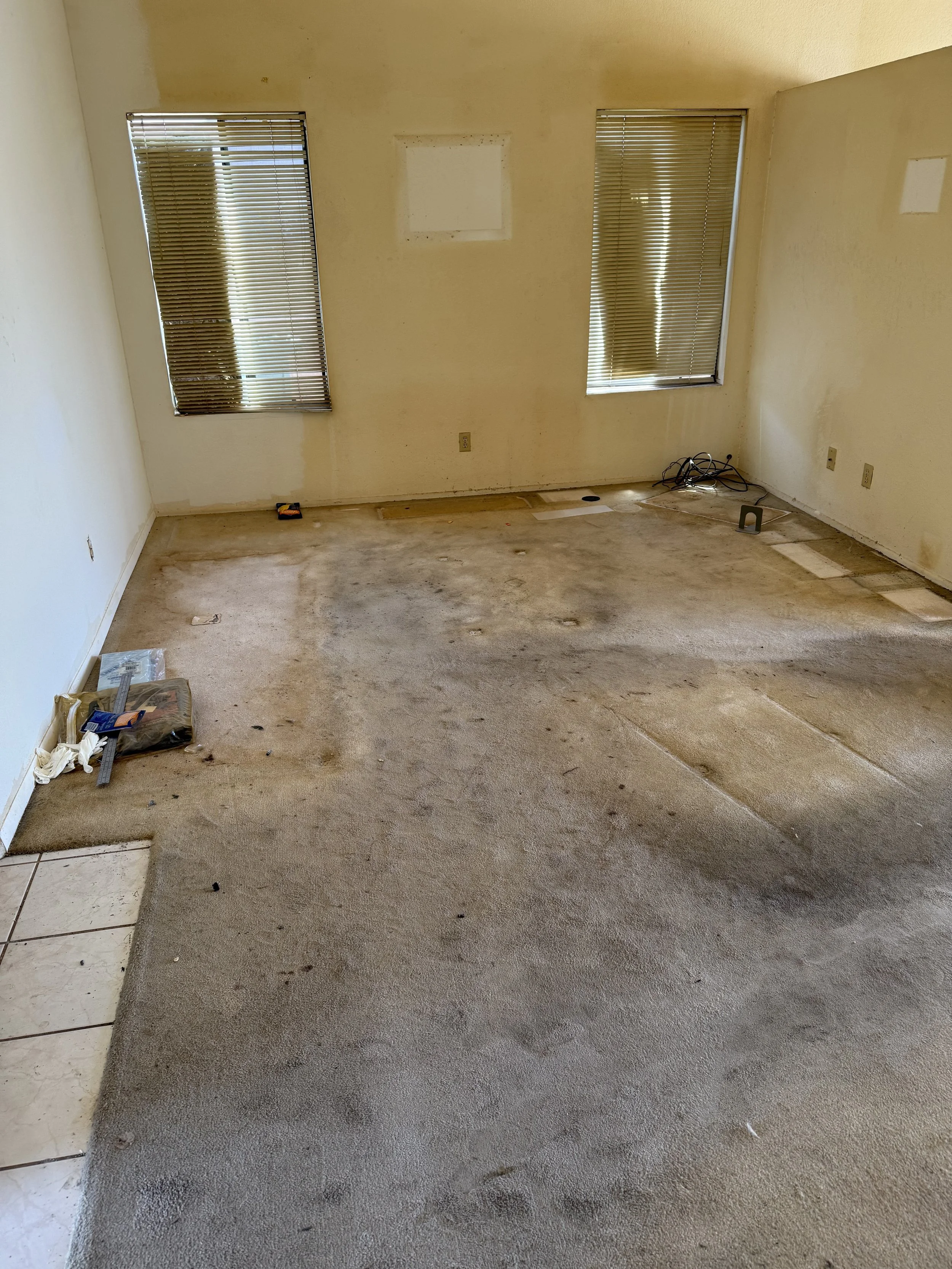 Room had not been painted for decades and the carpet was worn and stained
