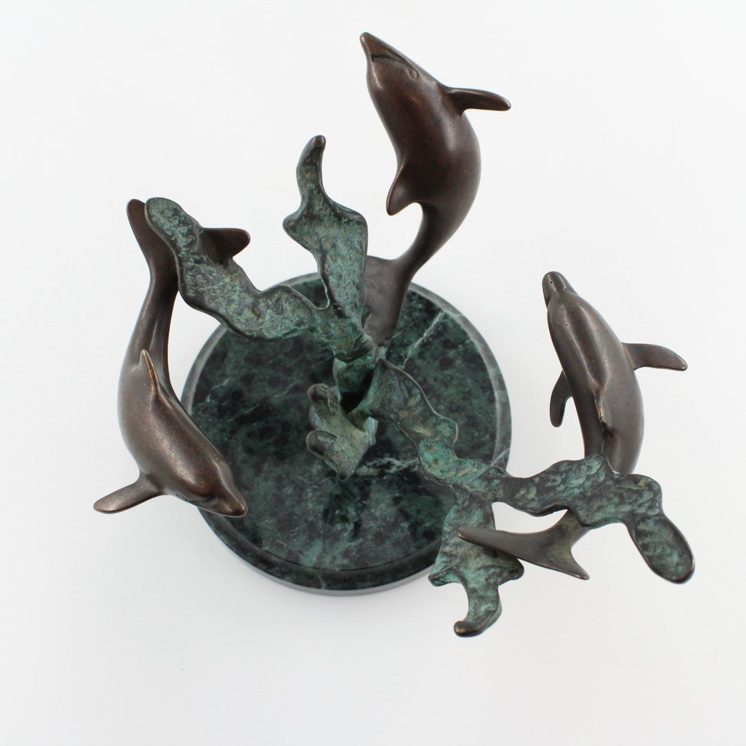 Vintage Bronze Patinated Dolphin Sculpture on Green Marble Base