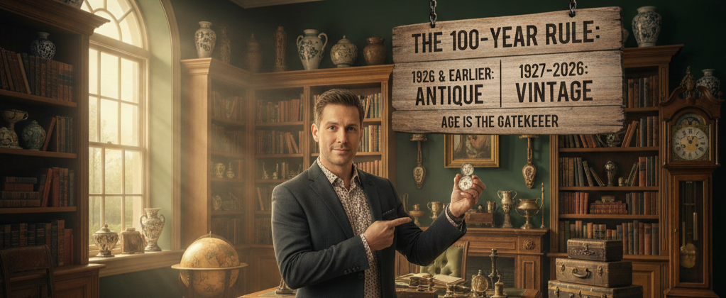 An antiques dealer stands in front of a sign explaining what an antique is.