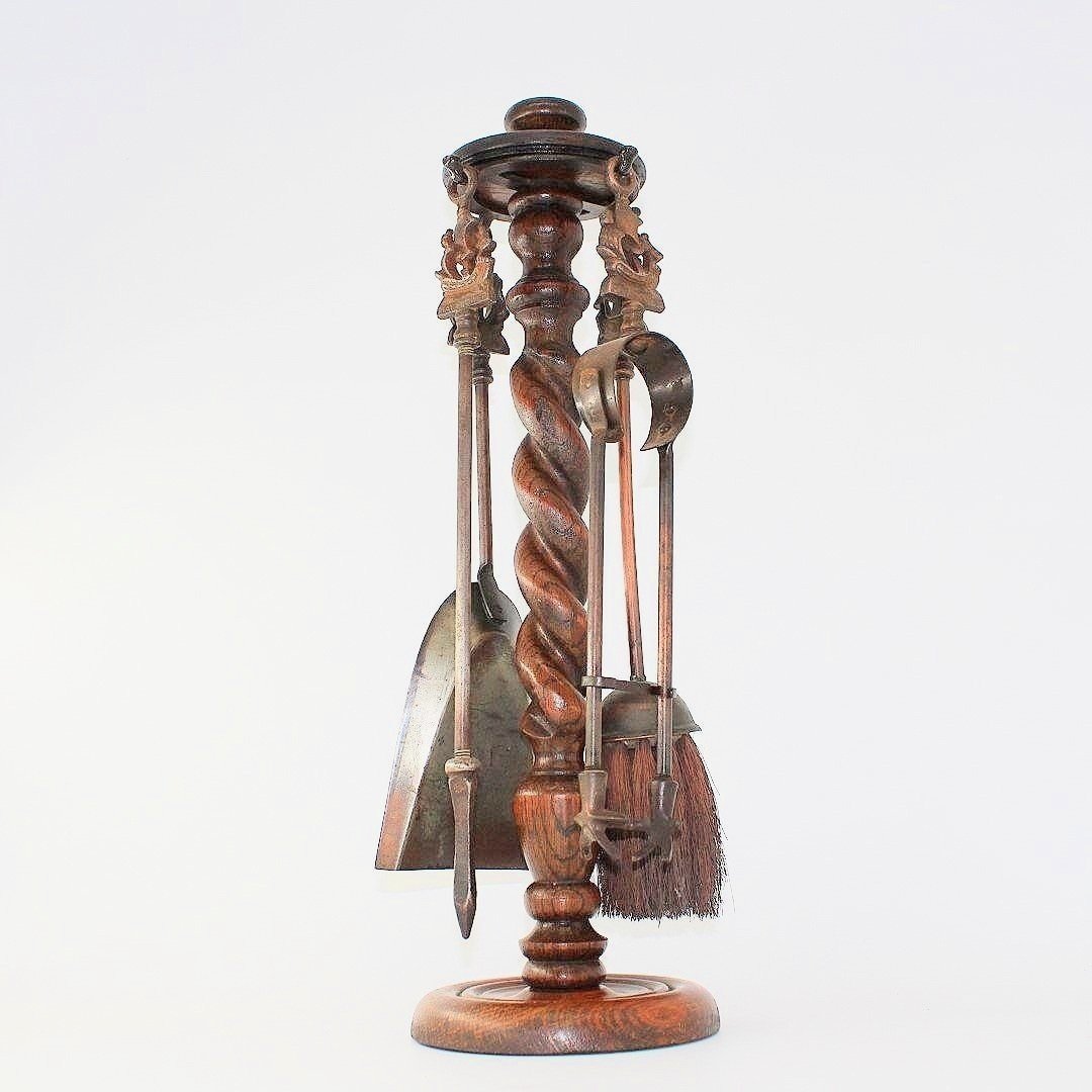 Antique barley twist fireplace companion set four tools
