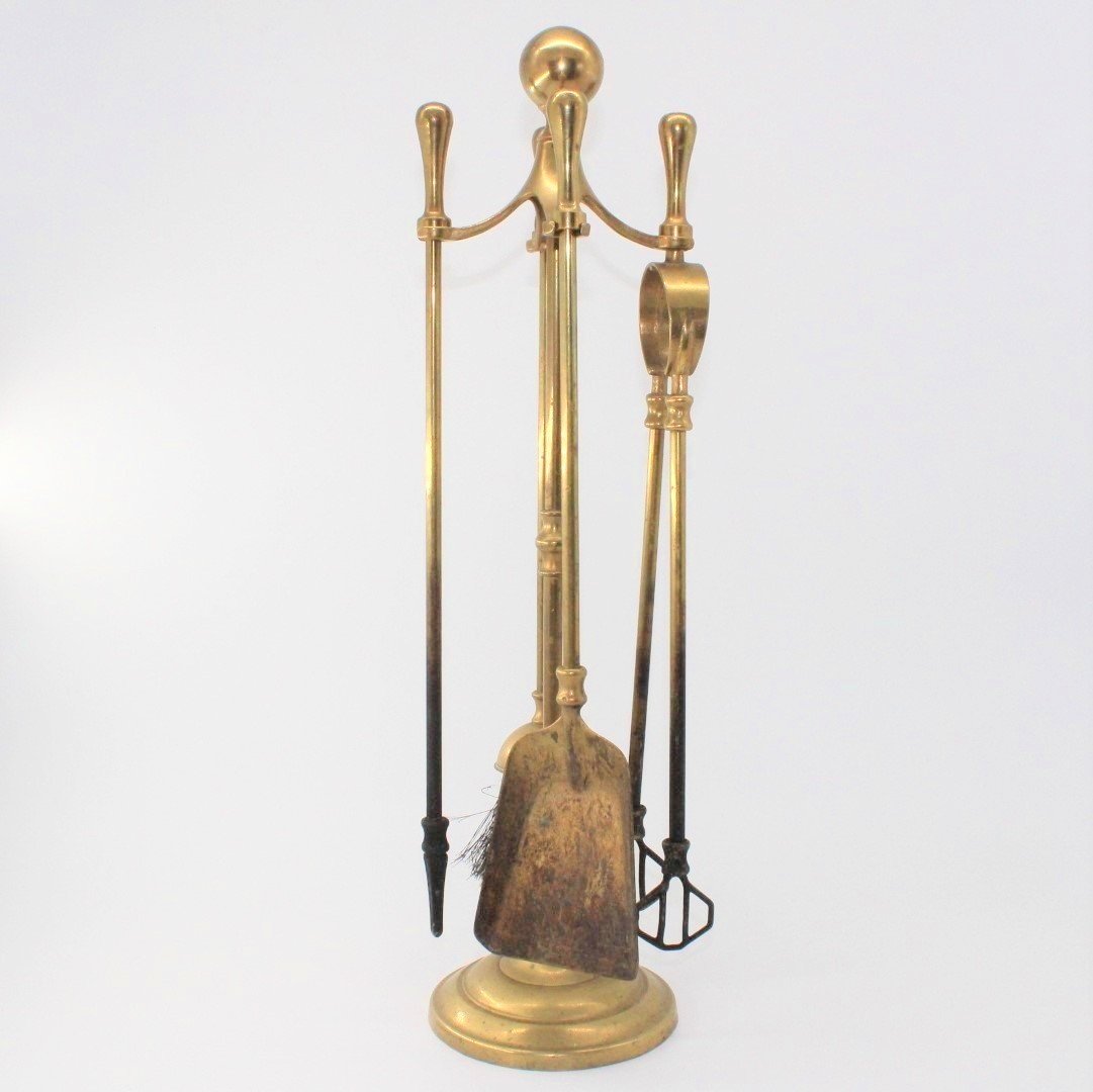 Vintage brass fireside companion set including four tools