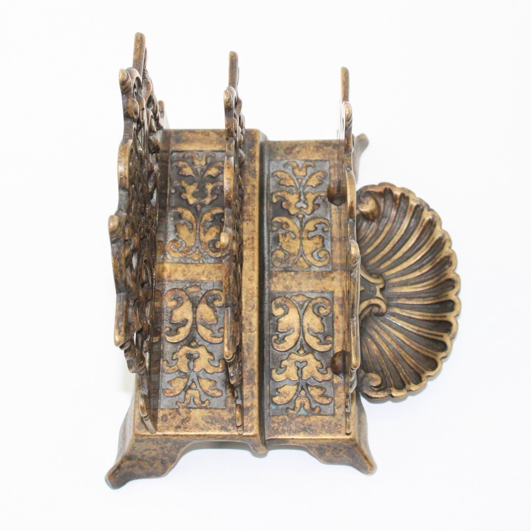 Vintage ornate brass letter stand with shell coin dish