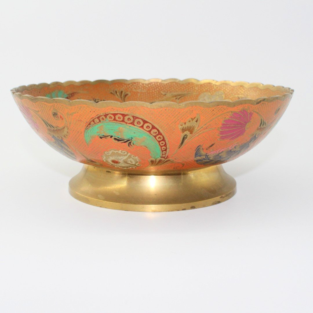 Vintage cold painted brass fruit bowl on pedestal base