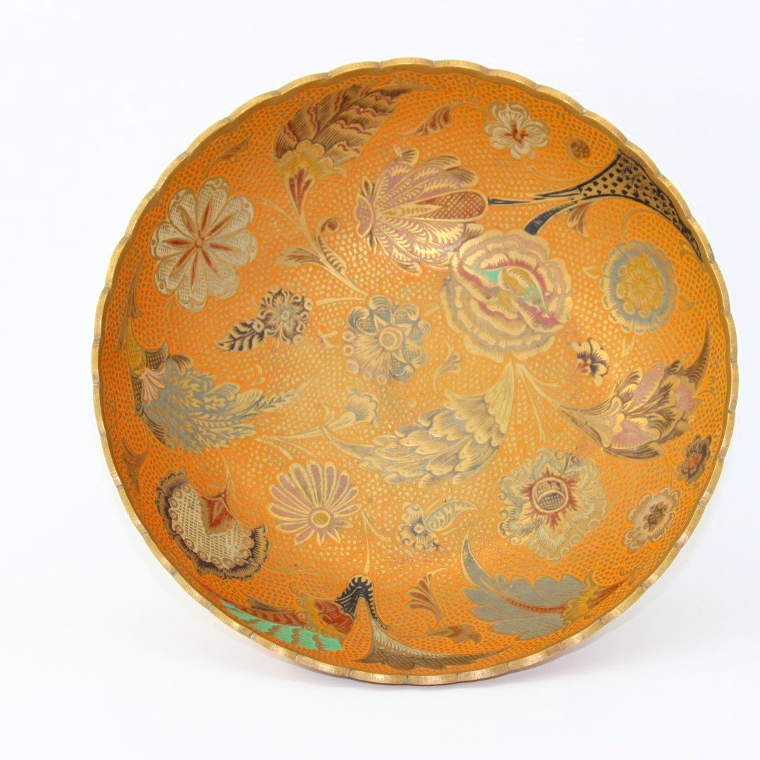 Vintage cold painted brass fruit bowl on pedestal base