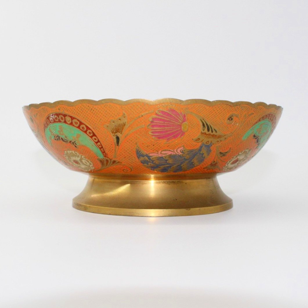 Vintage cold painted brass fruit bowl on pedestal base