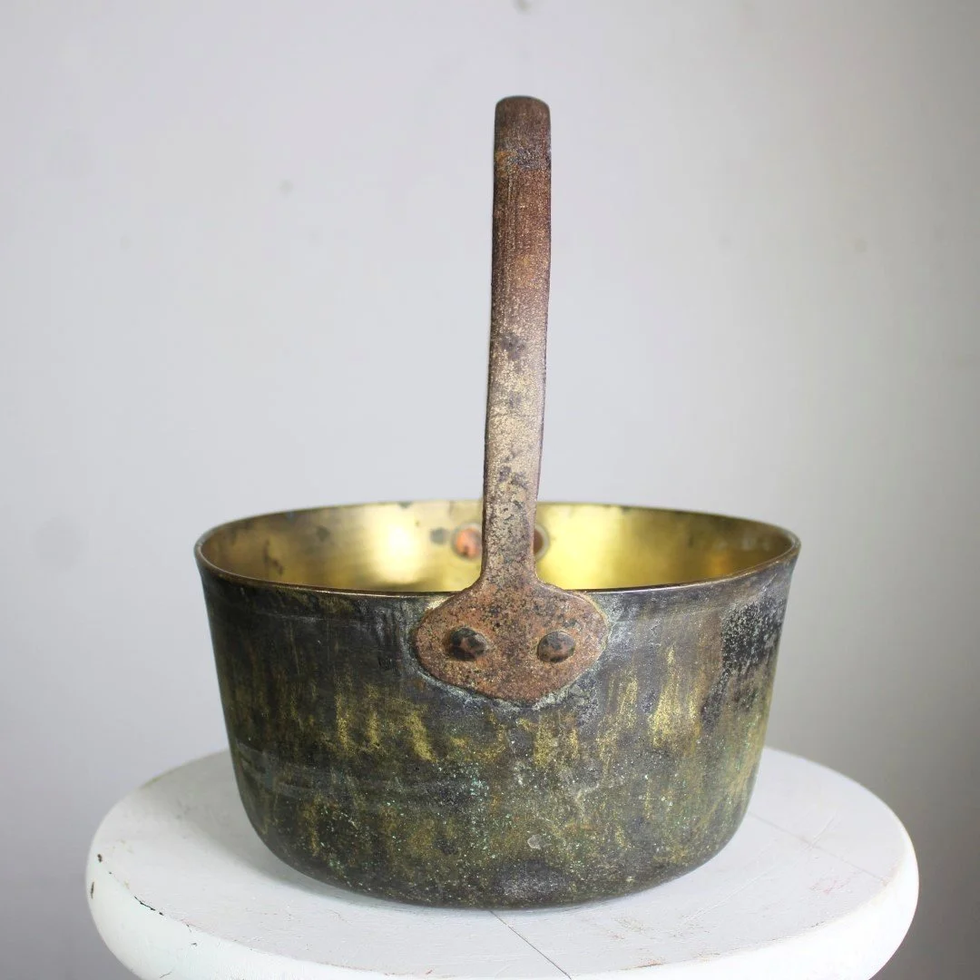 Antique brass jam pot or planter wrought steel handle