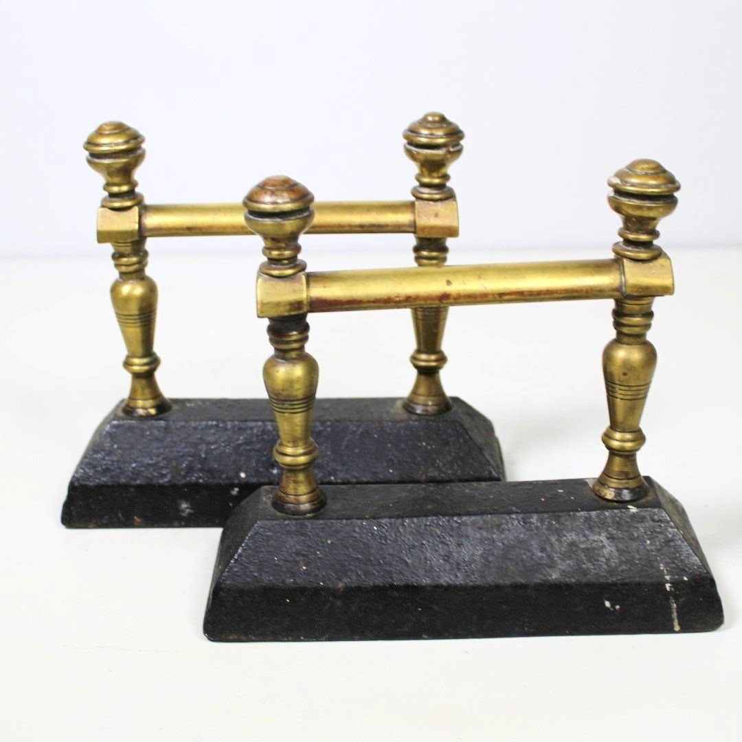 Antique Victorian brass and cast iron fire dogs